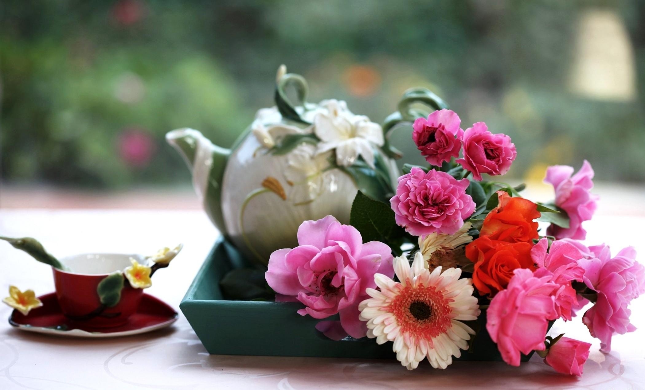 flowers, roses, cup, table, tea, gerbera, tray