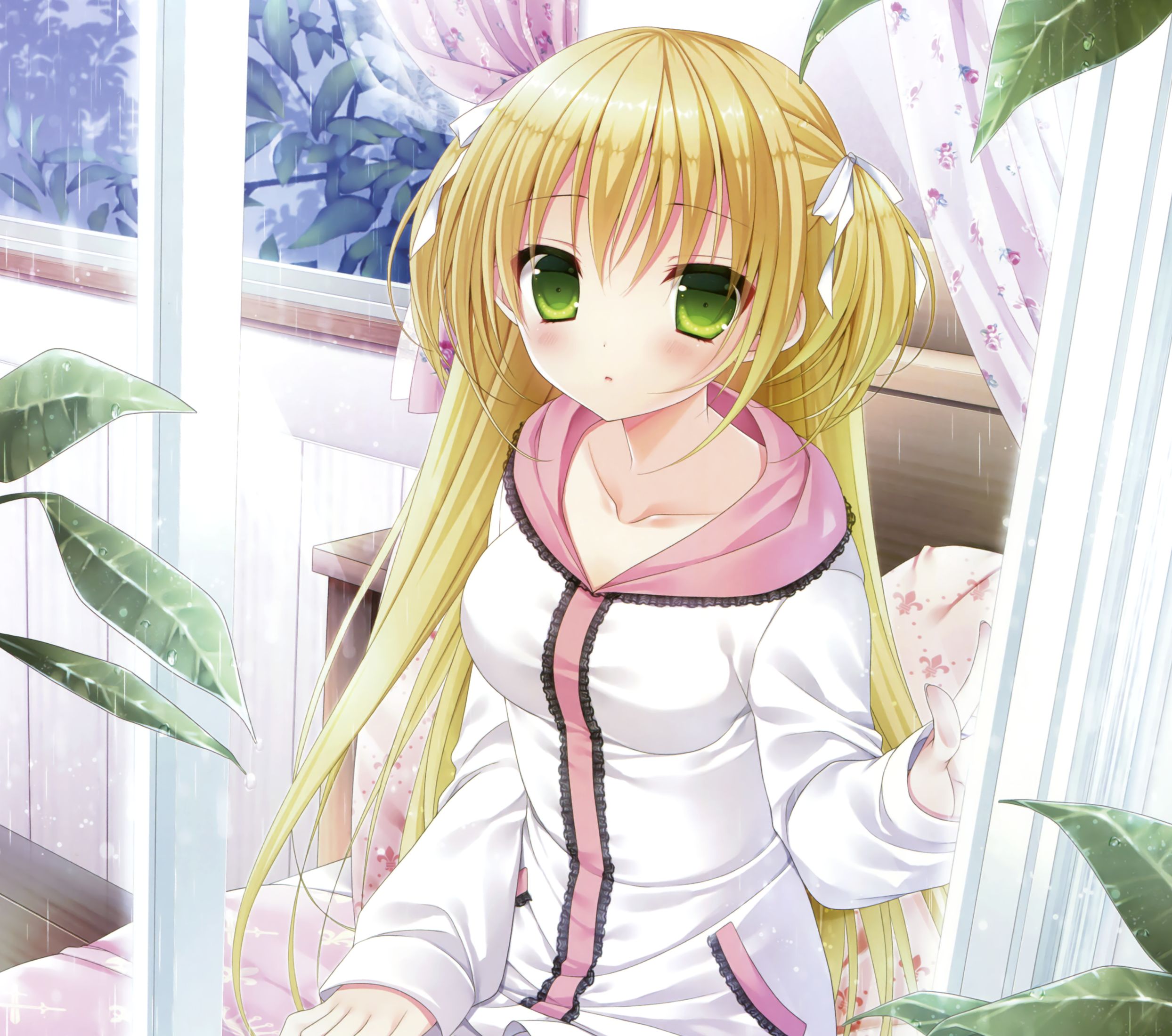 Free download wallpaper Anime, Rain, Blonde, Green Eyes, Original, Blush, Long Hair, Twintails on your PC desktop
