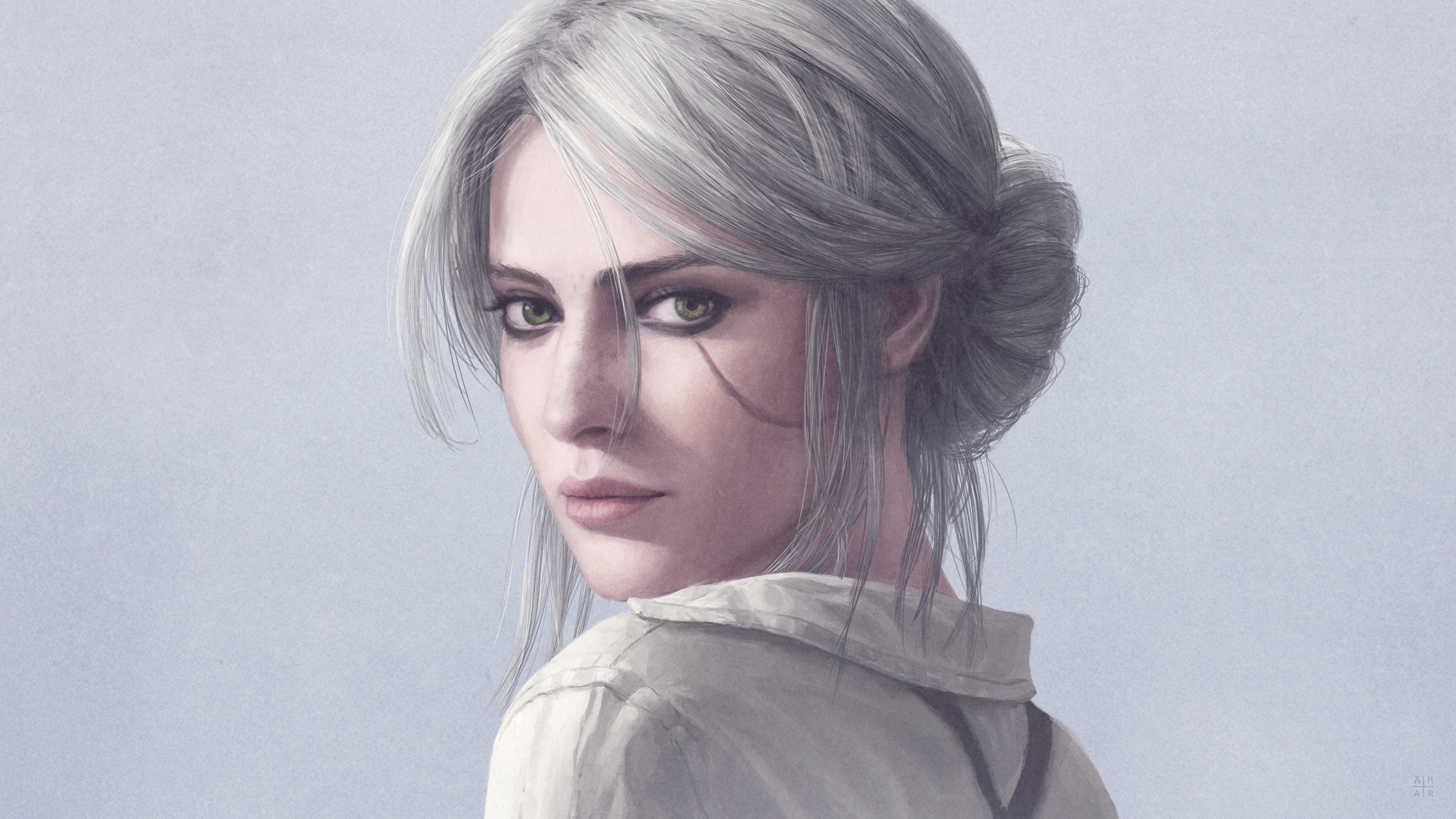 green eyes, face, the witcher 3: wild hunt, the witcher, video game, ciri (the witcher), scar, white hair