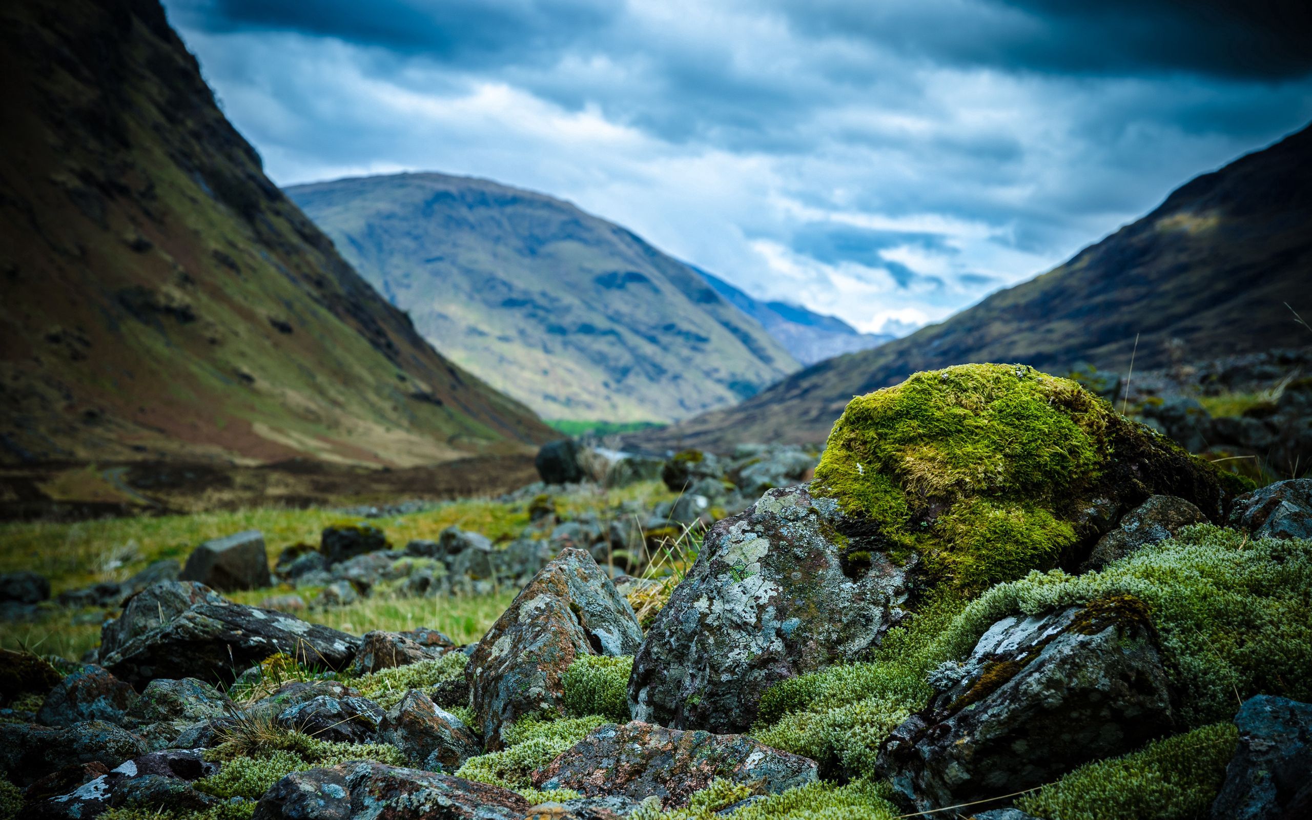 nature, stones, sky, mountains, moss, mainly cloudy, overcast, hollow, combe