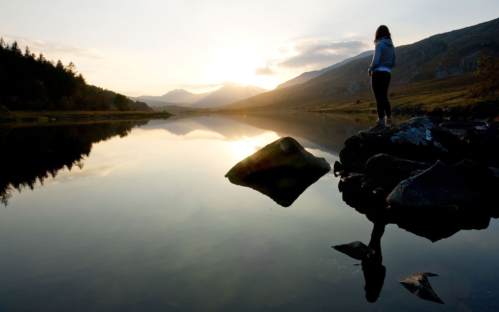 women, mood, lake, rear, reflection, scenic, sunrise