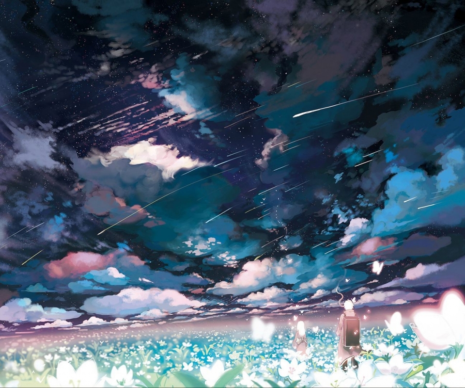 Handy-Wallpaper Landschaft, Blume, Wolke, Nacht, Sternschnuppe, Animes, Ginko (Mushishi), Musisch kostenlos herunterladen.