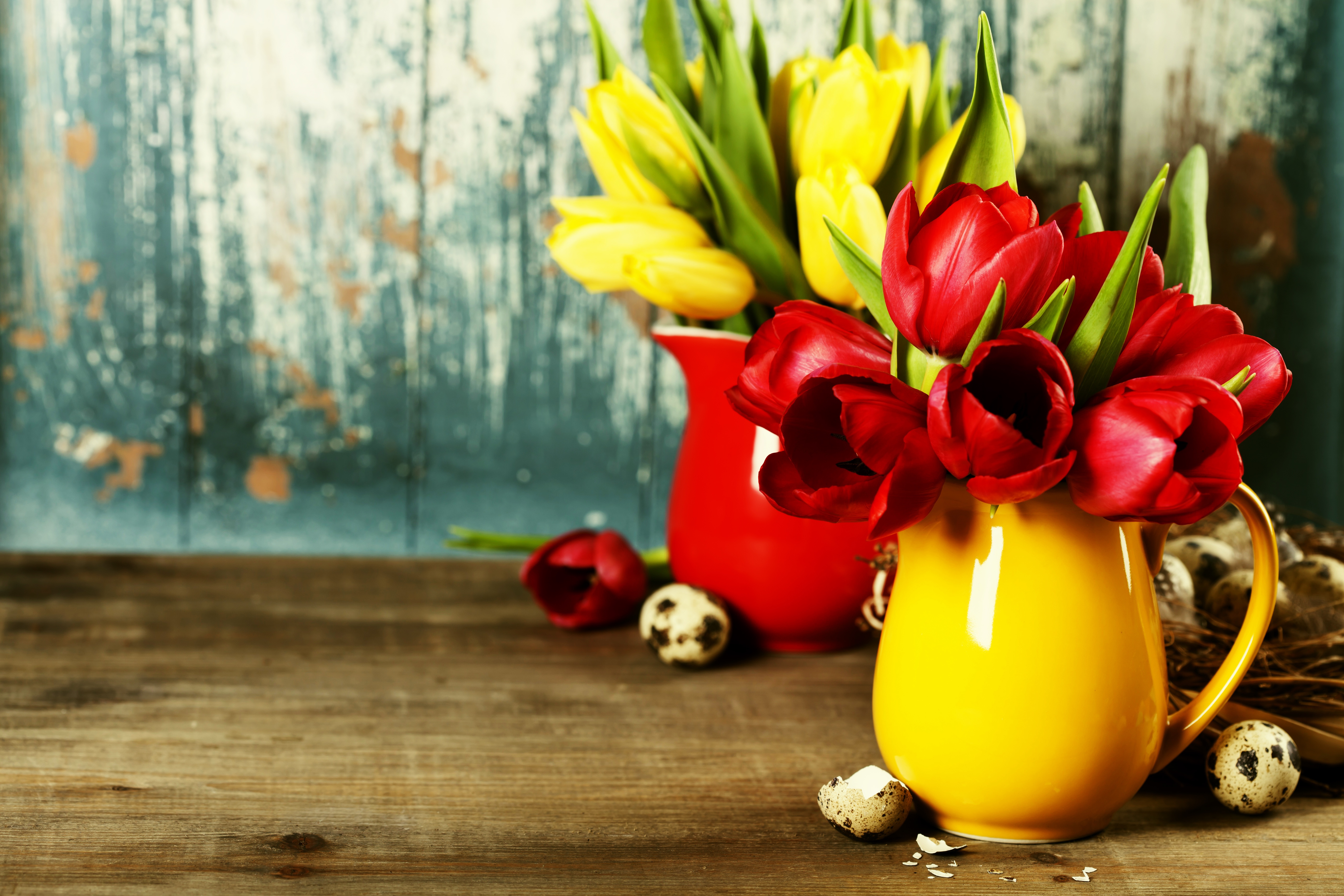 Download mobile wallpaper Flower, Vase, Tulip, Yellow Flower, Red Flower, Man Made for free.