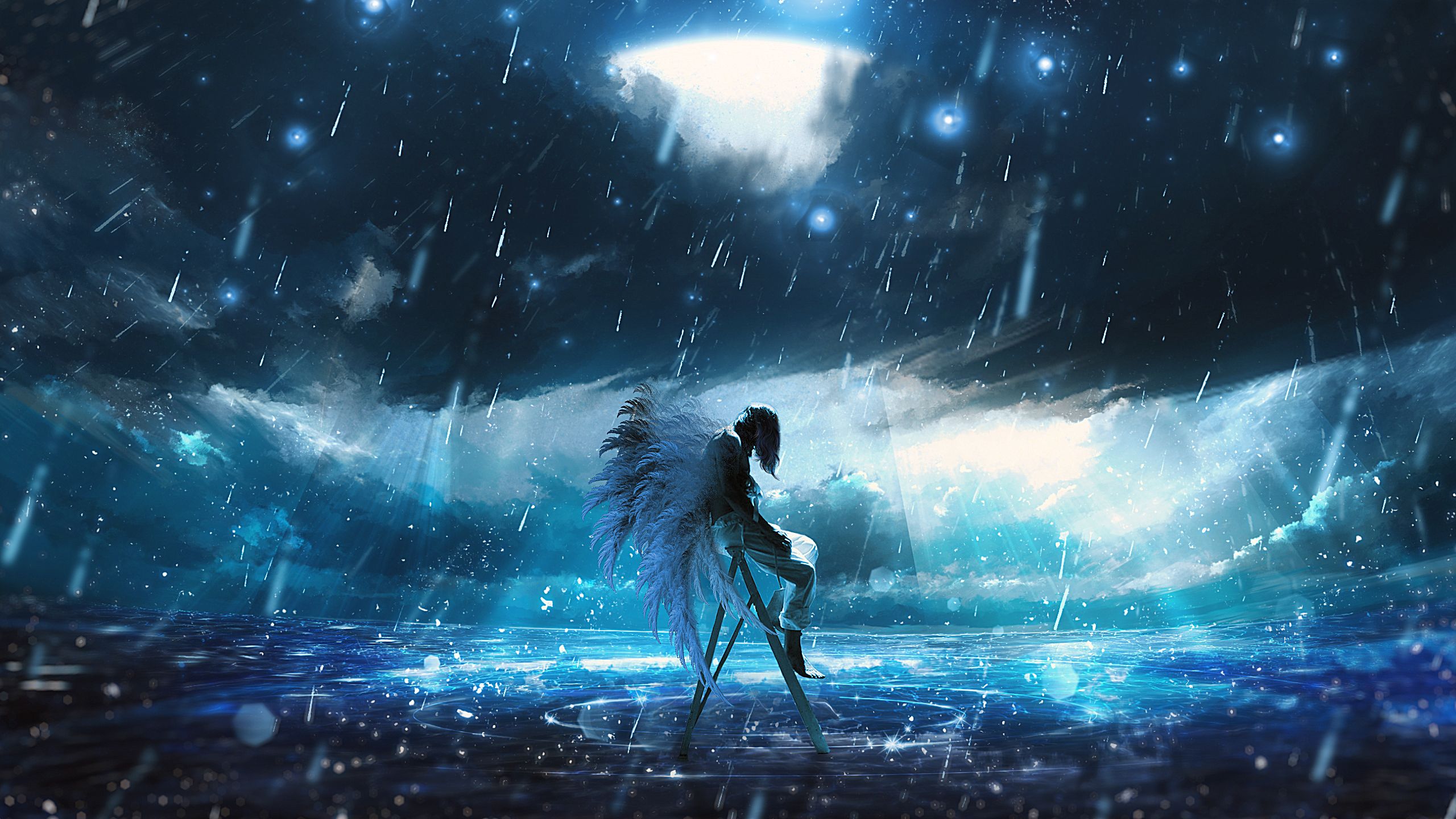 Download mobile wallpaper Fantasy, Sky, Rain, Wings, Angel, Cloud for free.