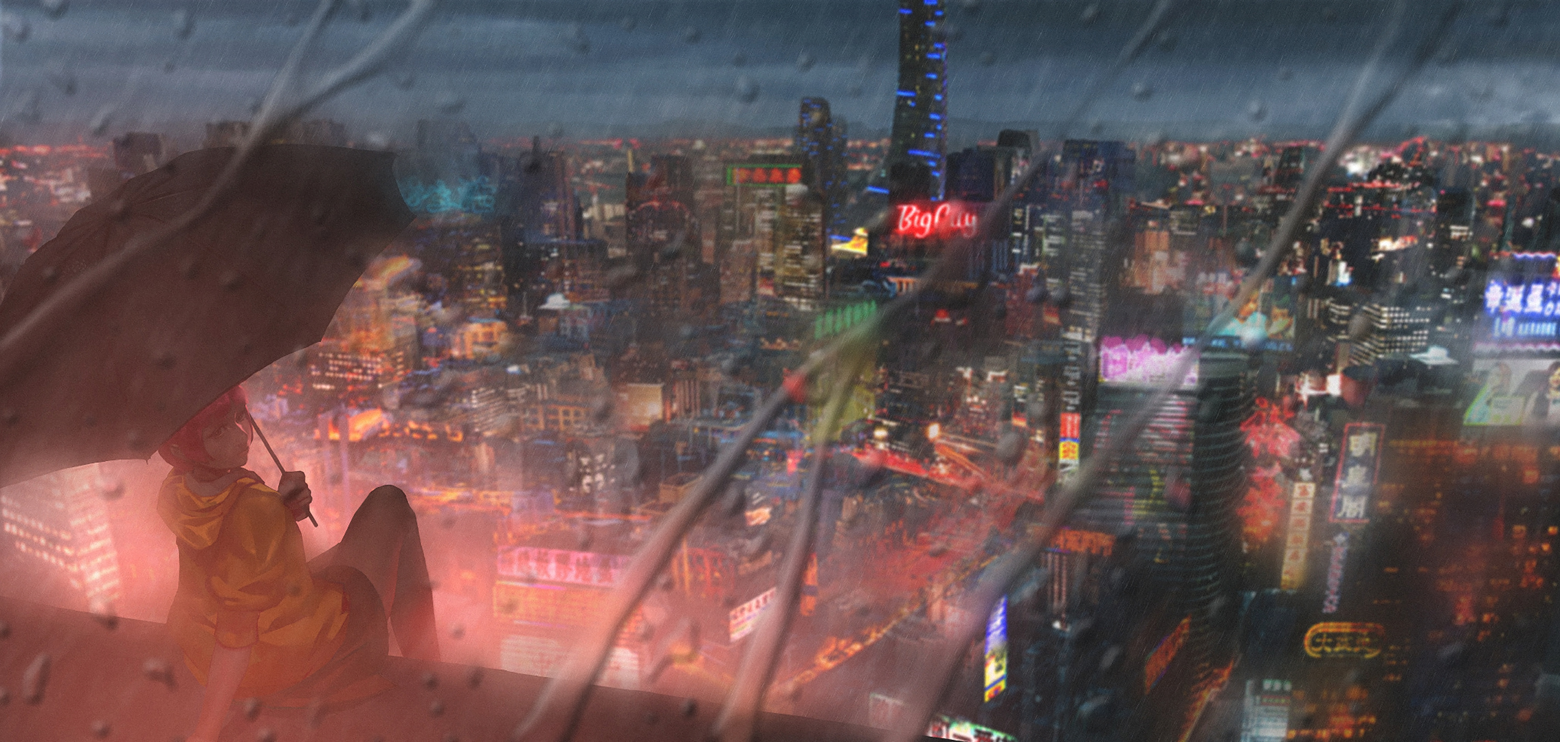 Download mobile wallpaper Anime, Rain, Night, City, Building, Umbrella, Original, Neon Sign for free.