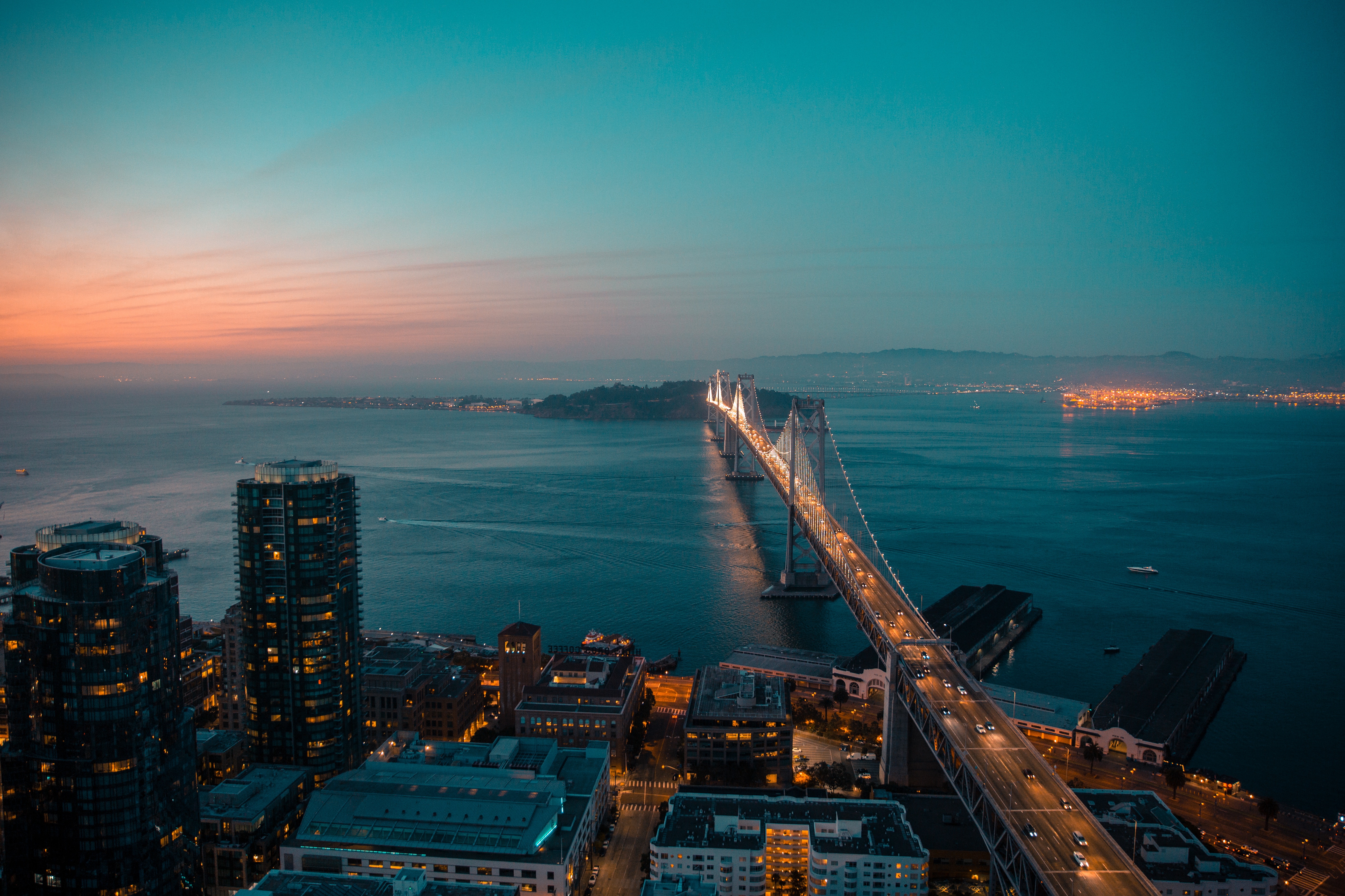 san francisco, night city, cities, view from above, bridge Full HD