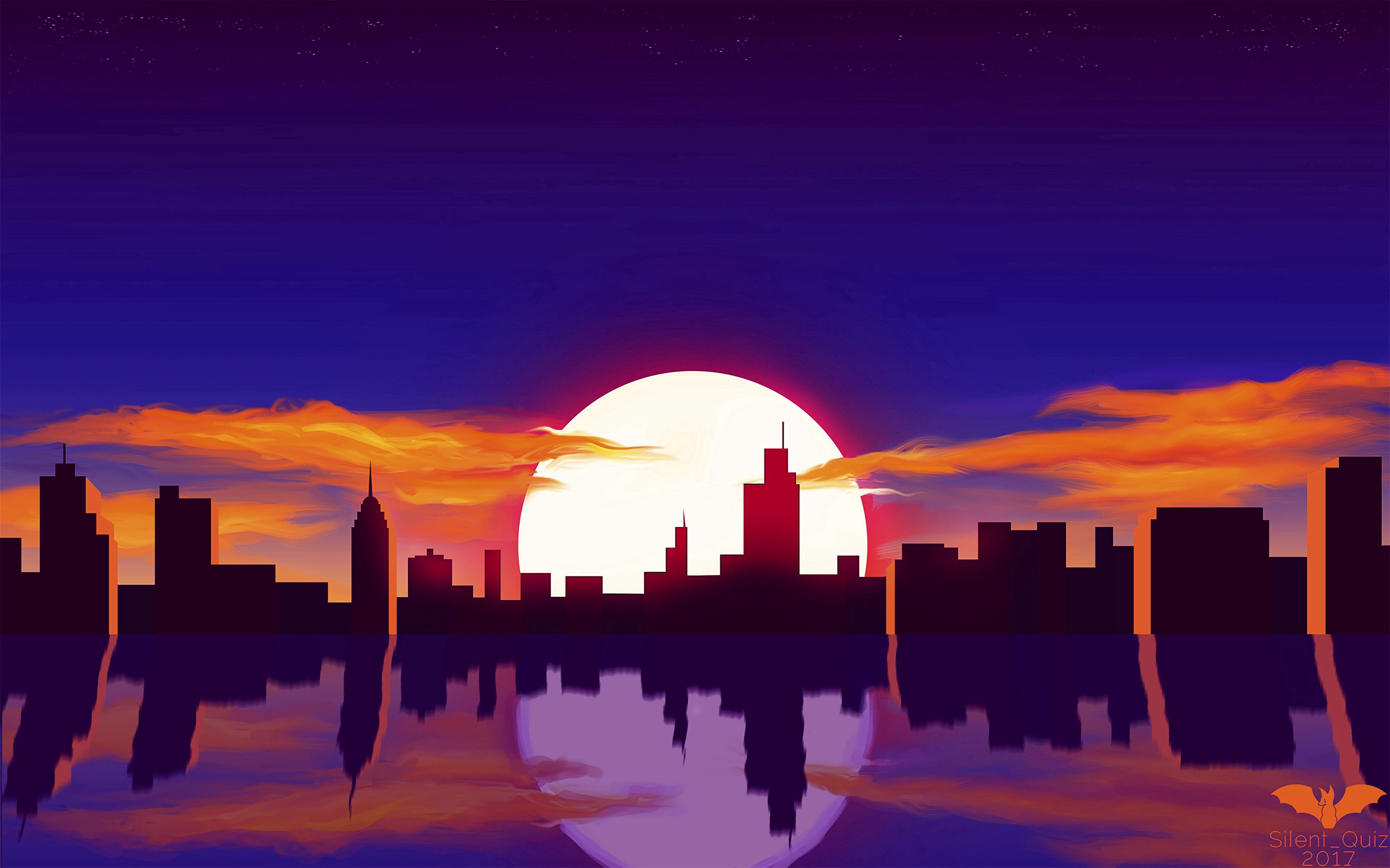 Full HD vector, art, sunset, sun, city, reflection