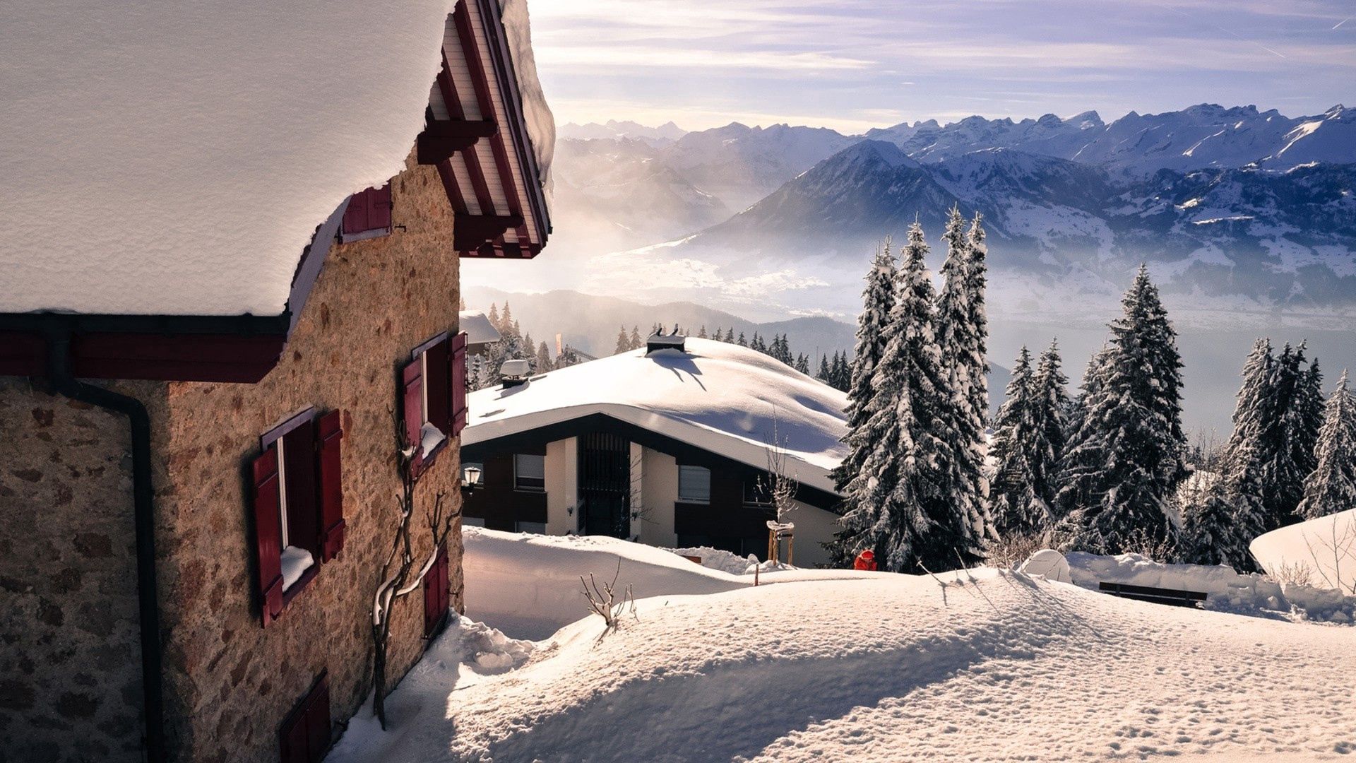 Free download wallpaper Mountains, Snow, Cities, Winter, Landscape on your PC desktop