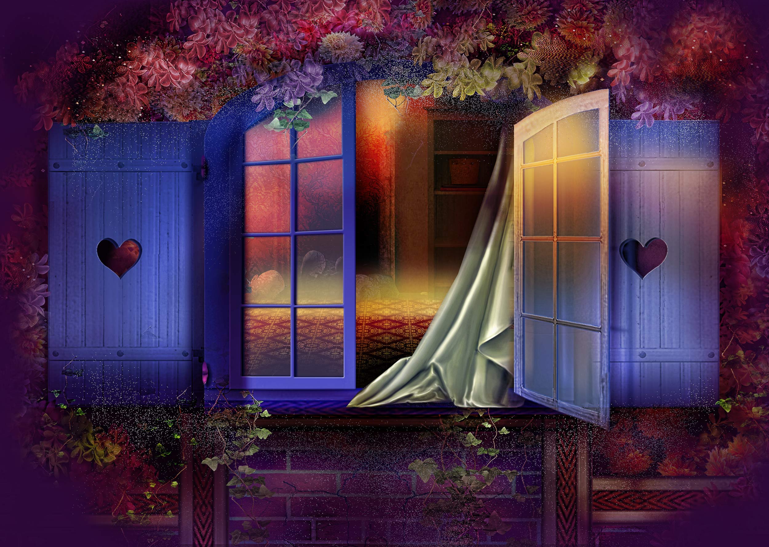 artistic, window, heart, night, shutters, spring, vine