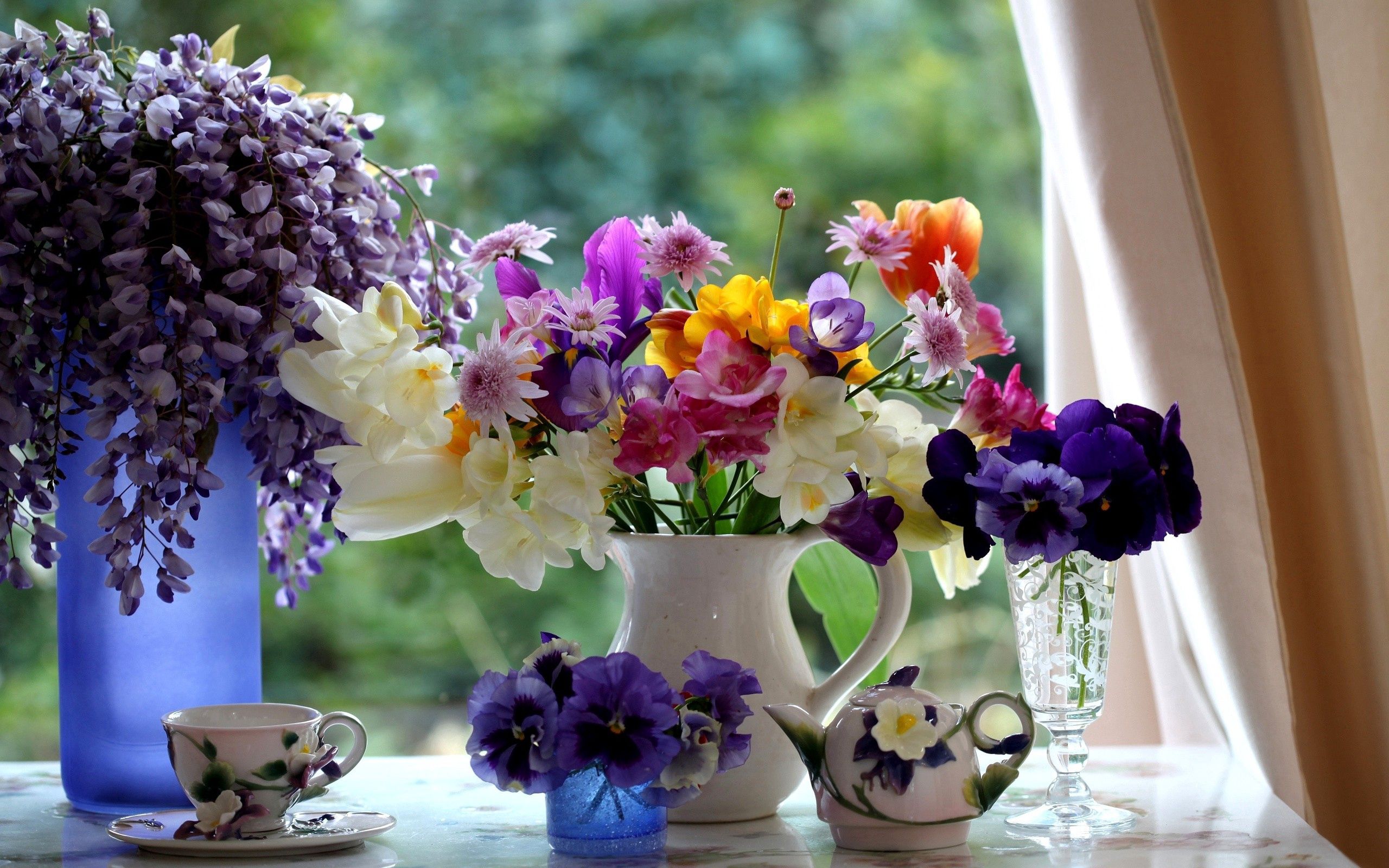 flowers, bouquet, window sill, windowsill, composition, teapot, kettle
