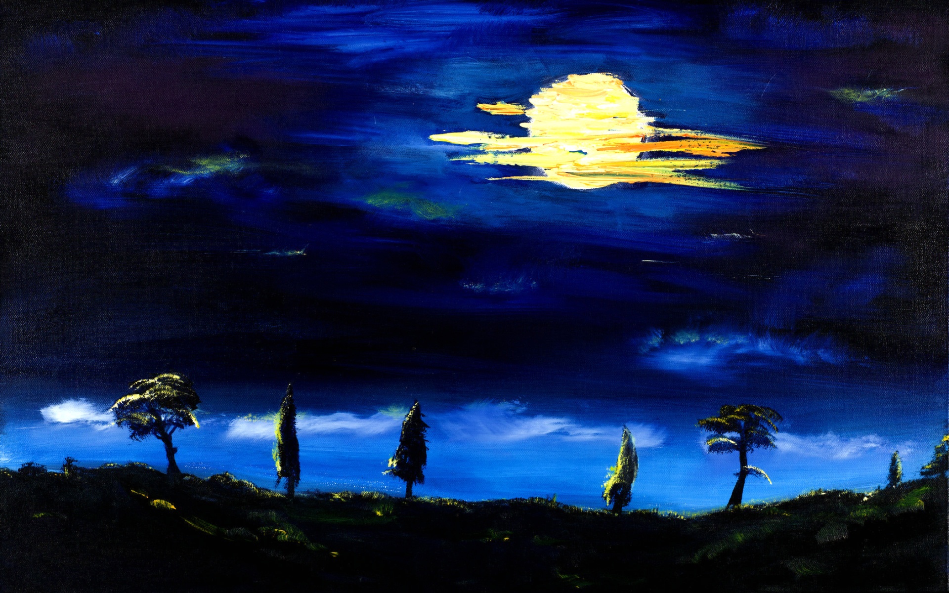 Download mobile wallpaper Nature, Night, Moon, Tree, Painting, Artistic, Cloud for free.