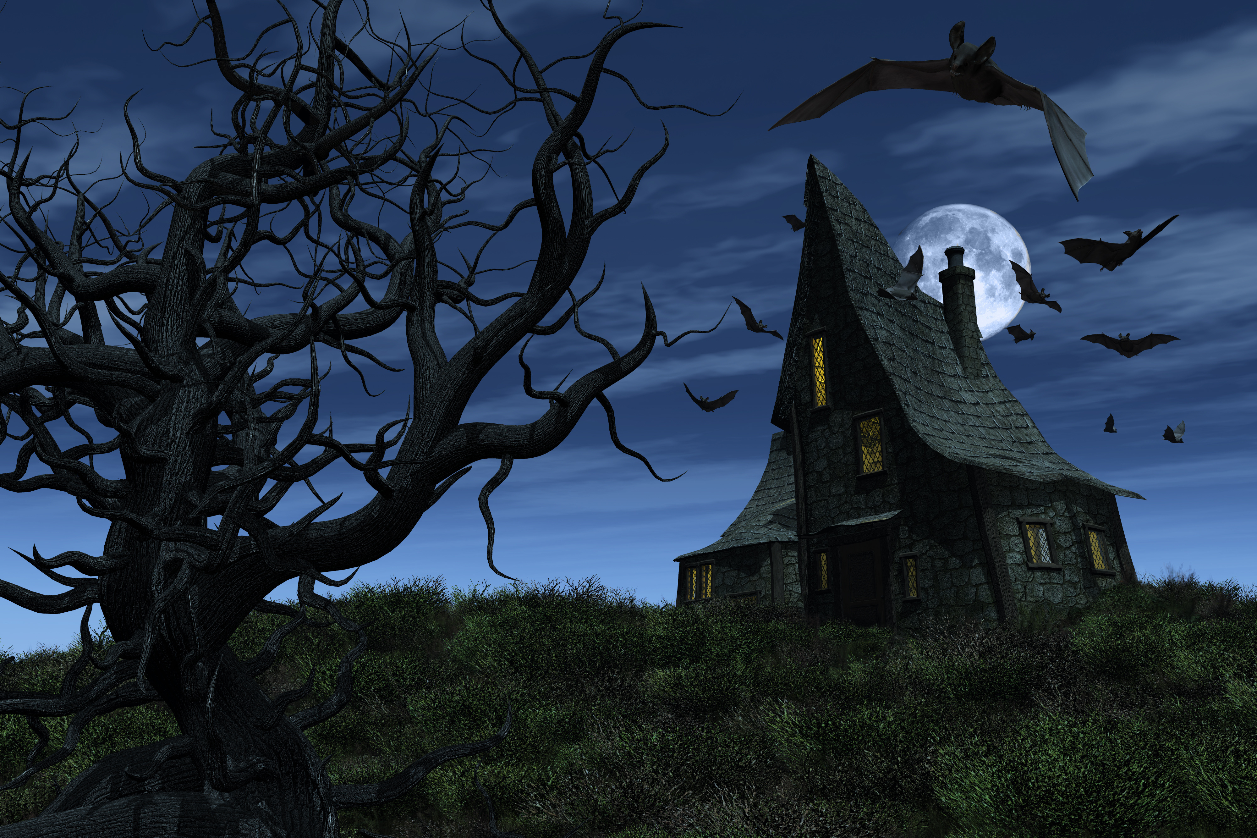779292 скачать обои ночь, тьма, дом, летучая мышь, дом с привидениями, луна, дерево - заставки и картинки бесплатно