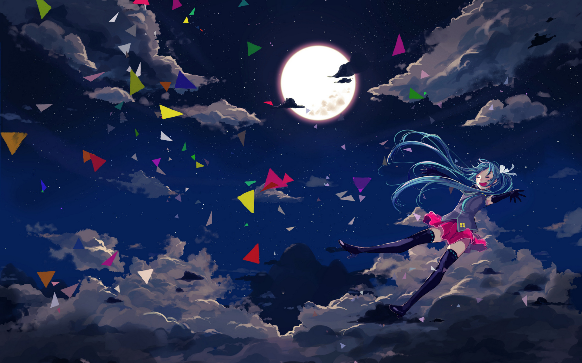 Free download wallpaper Anime, Night, Moon, Cloud, Vocaloid, Skirt, Blue Eyes, Blue Hair, Hatsune Miku, Twintails on your PC desktop