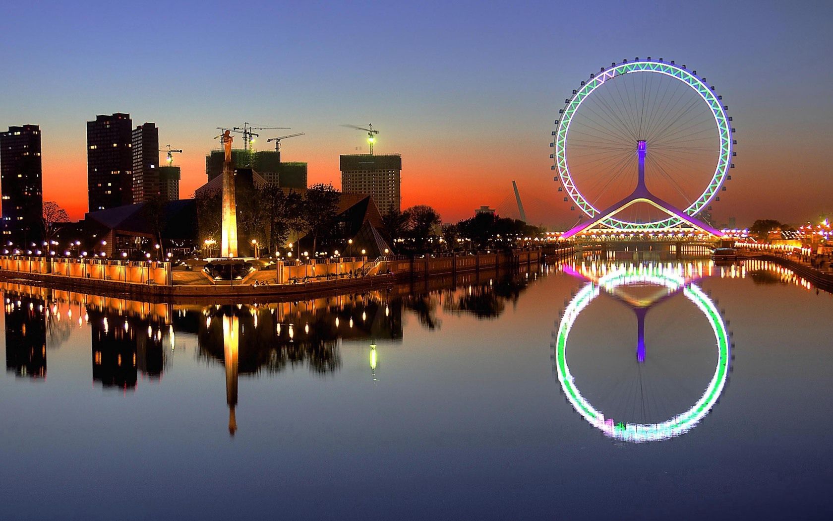 Download mobile wallpaper City, Reflection, Cities, Lights, Rivers, Ferris Wheel, Night, Houses for free.