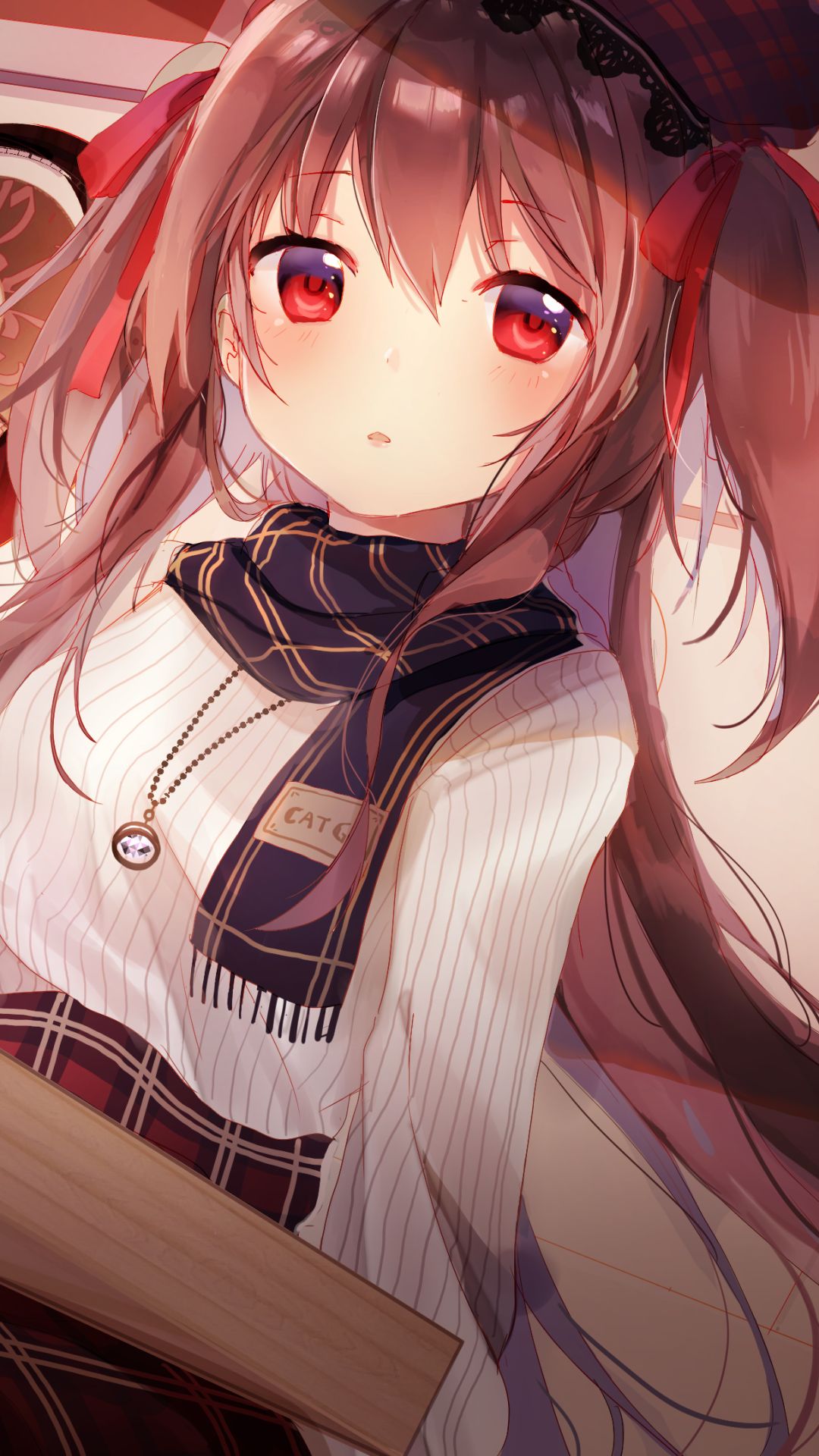 Download mobile wallpaper Anime, Scarf, Original, Necklace, Red Eyes, Long Hair, Brown Hair, Twintails for free.