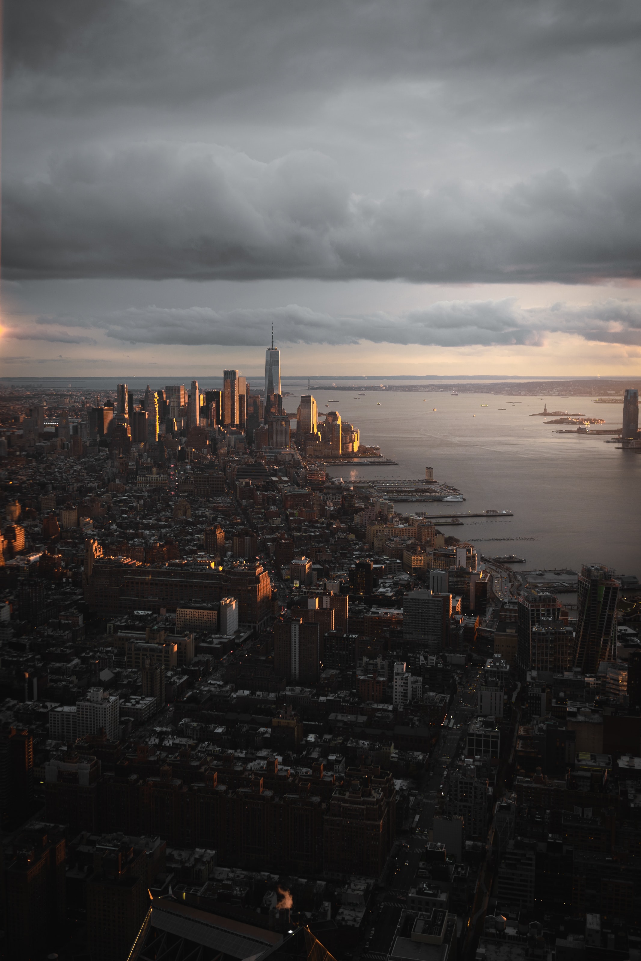 city, dusk, sunset, cities, twilight, building, view from above, coast HD wallpaper