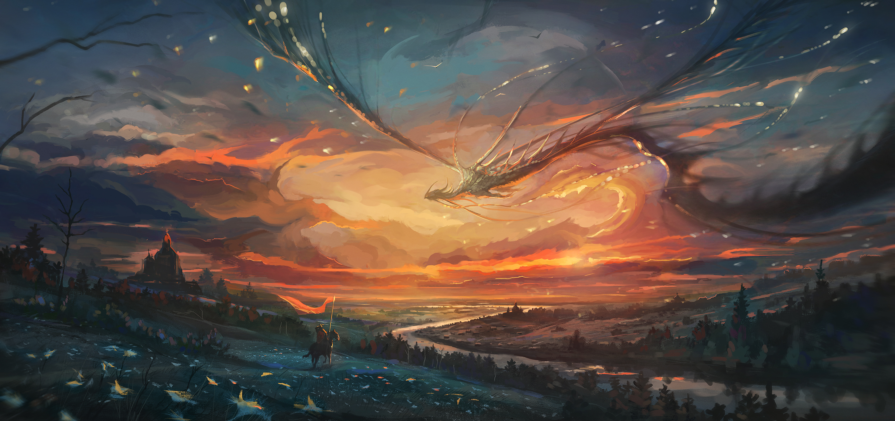 Free download wallpaper Landscape, Fantasy, Sunrise, Dragon, Warrior, Cloud, River, Knight on your PC desktop