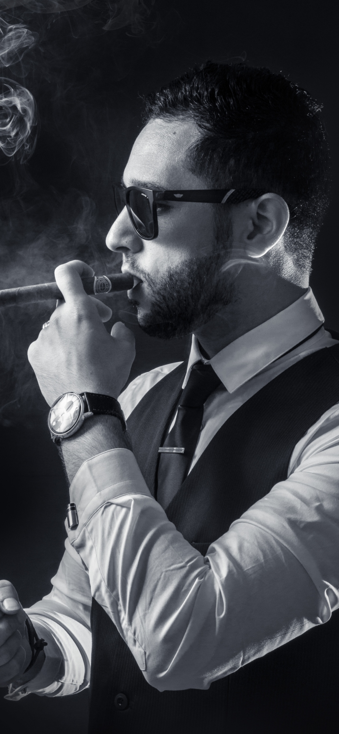Handy-Wallpaper Männer, Einfarbig, Fotografie, Rauch, Sonnenbrille, Rauchen, Zigarre kostenlos herunterladen.