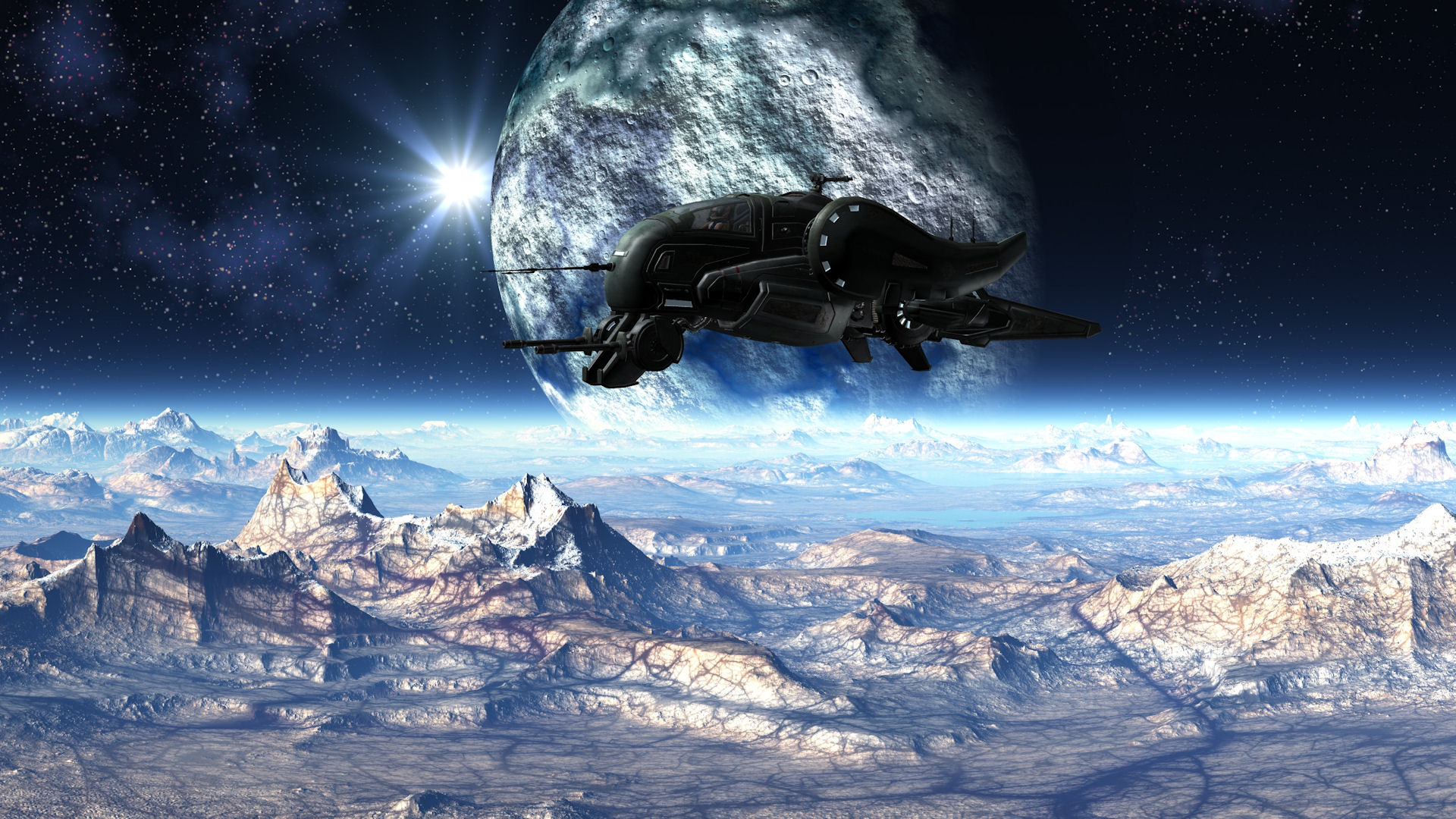 Download mobile wallpaper Landscape, Mountain, Space, Planet, Sci Fi, Spaceship, Futuristic for free.