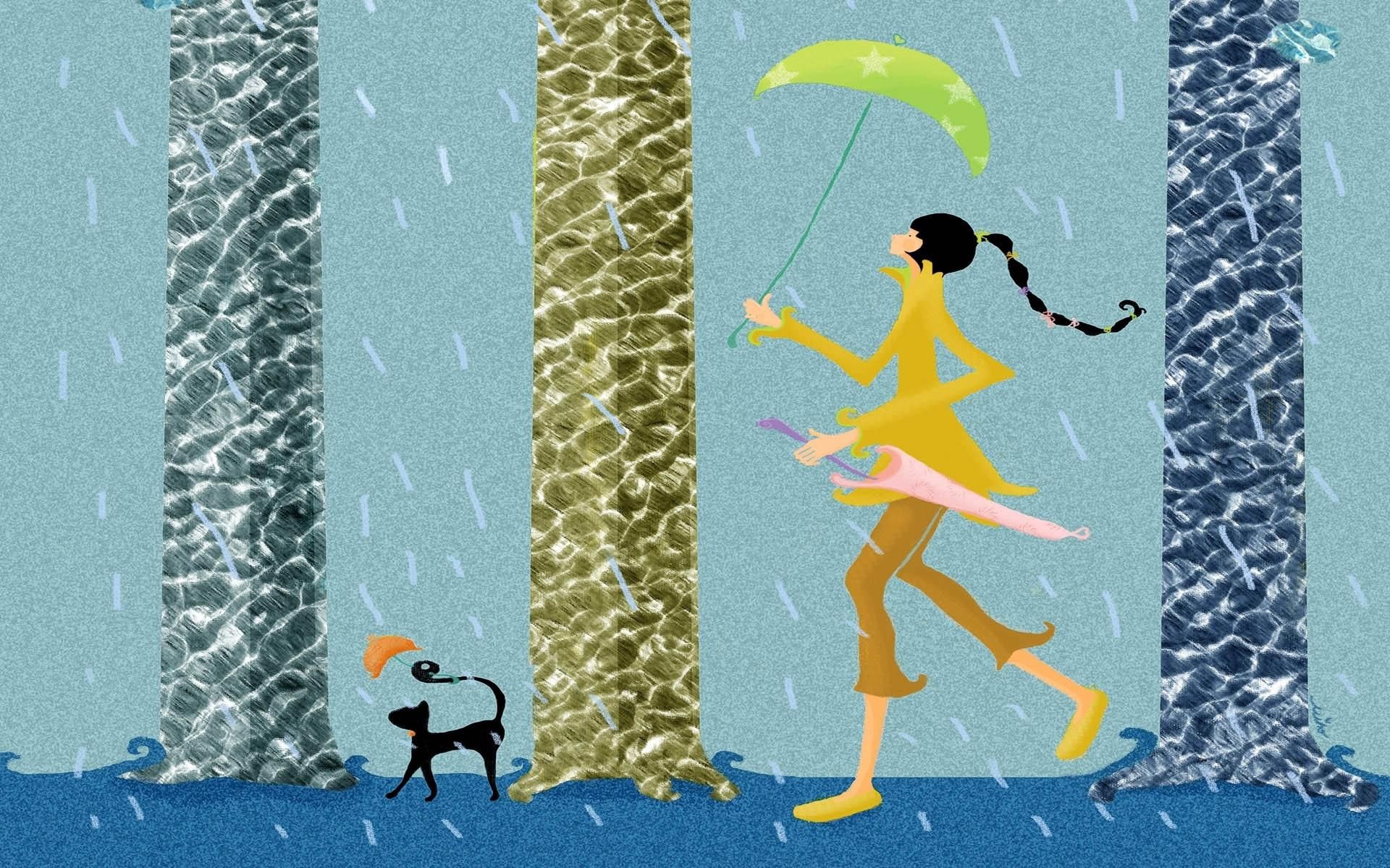 108386 скачать картинку дождь, вектор, девушка, прогулка, зонт, домашнее животное - обои и заставки бесплатно