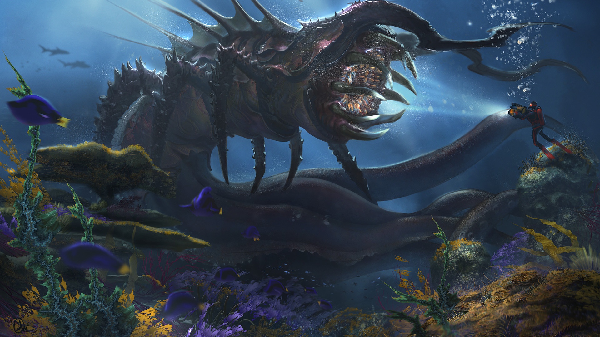 fantasy, sea monster, creature, diving, underwater