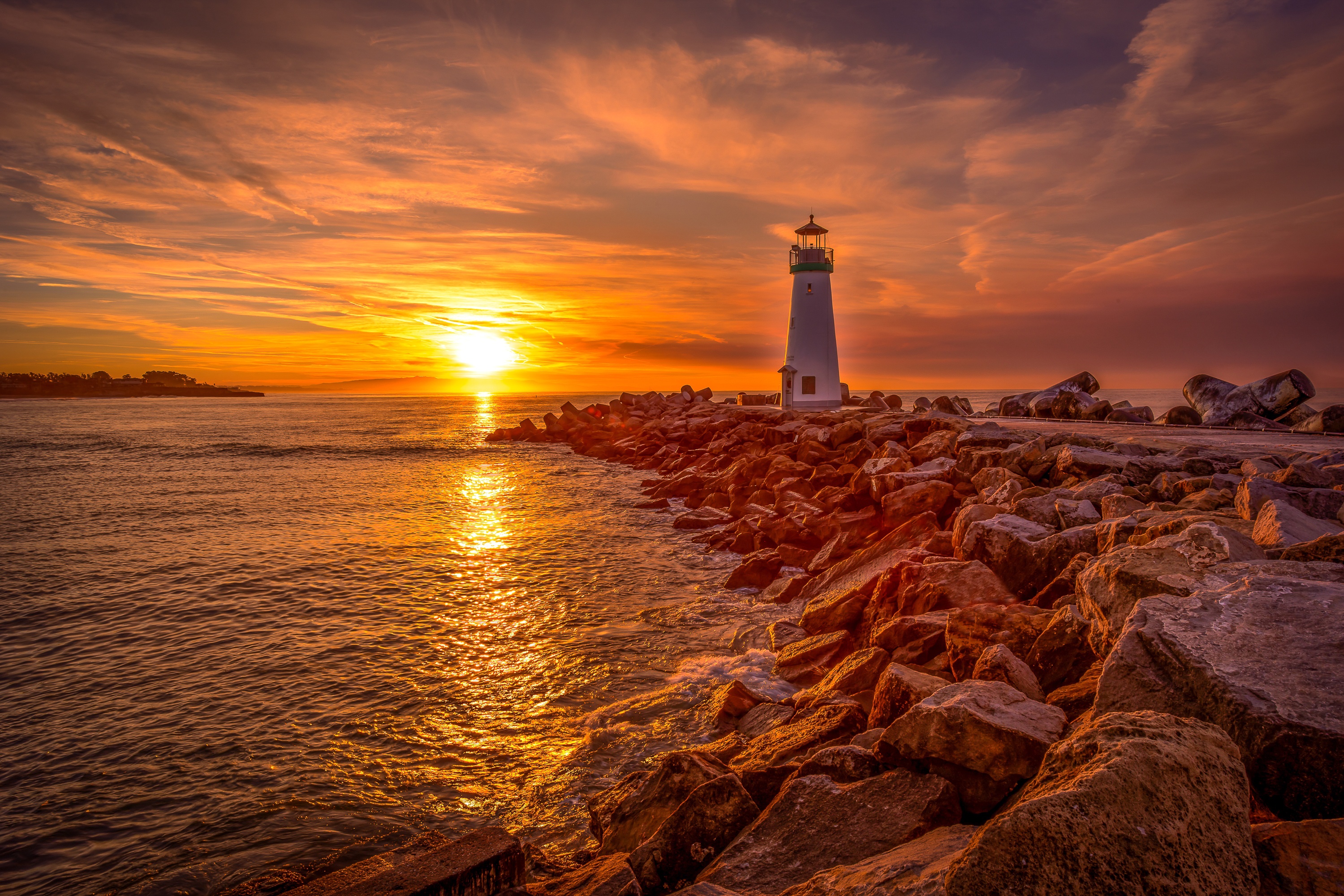 Download mobile wallpaper Horizon, Ocean, Sunrise, Lighthouse, California, Man Made for free.