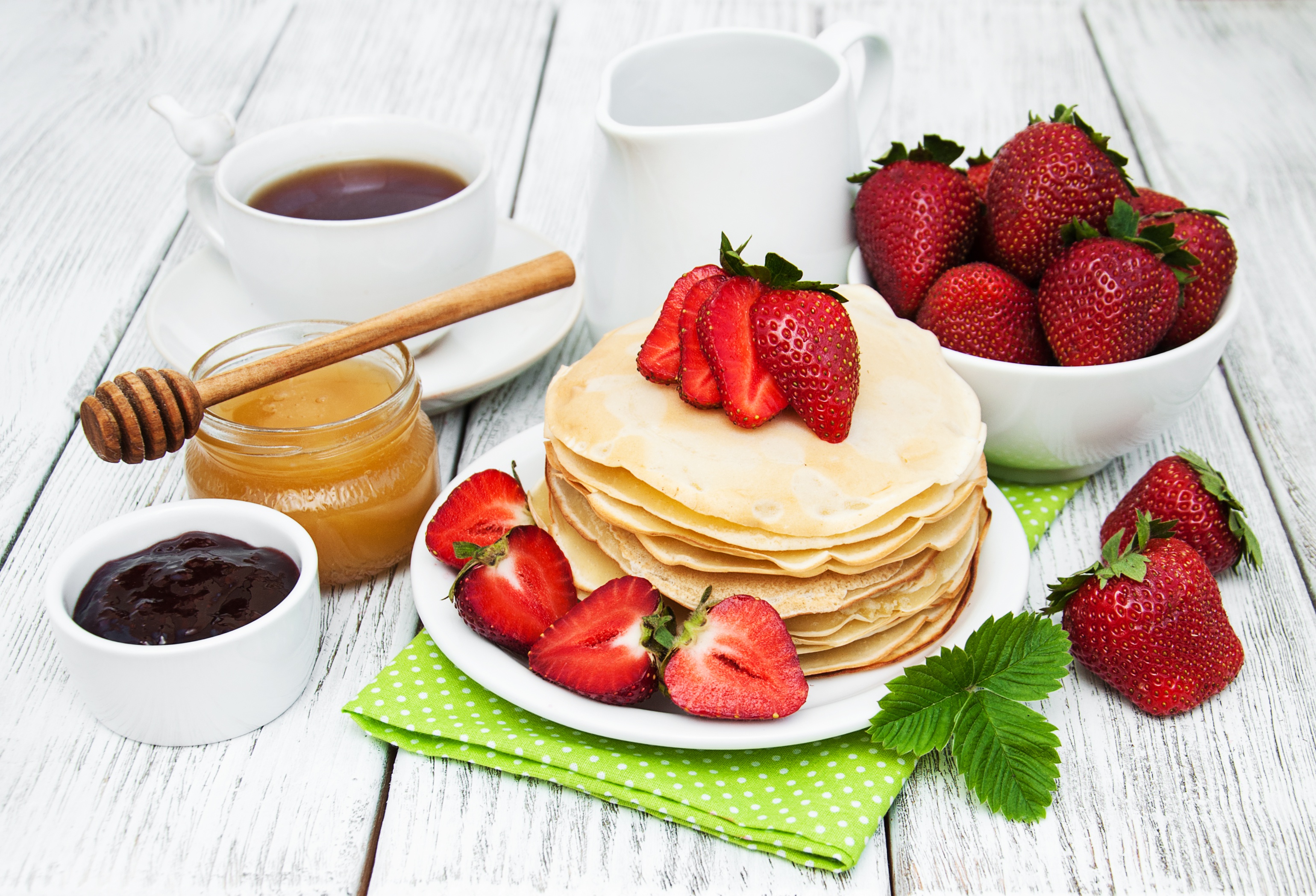 Download mobile wallpaper Food, Strawberry, Still Life, Berry, Fruit, Jam, Tea, Honey, Breakfast for free.