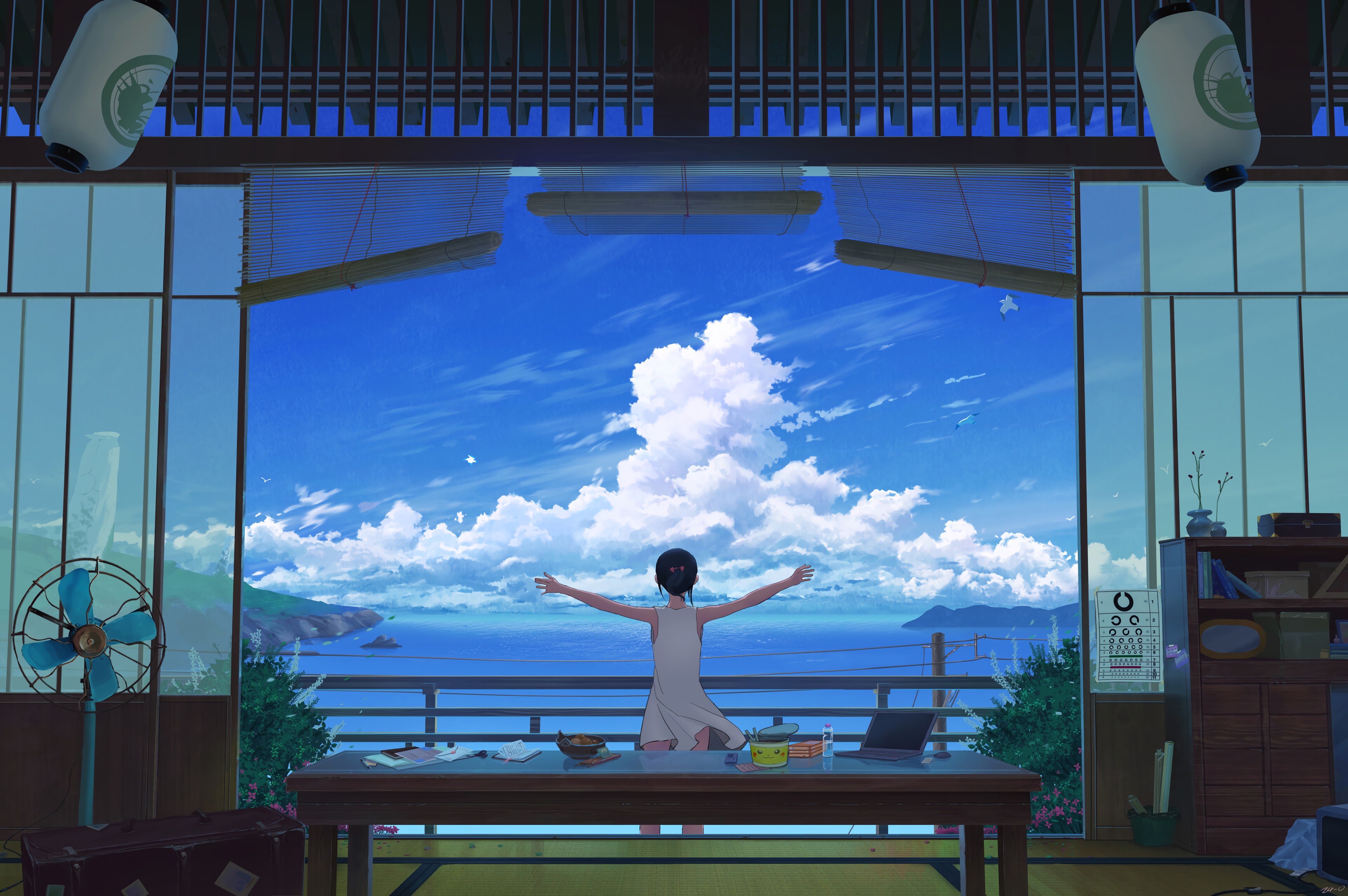 girl, art, sea, clouds, terrace Desktop Wallpaper