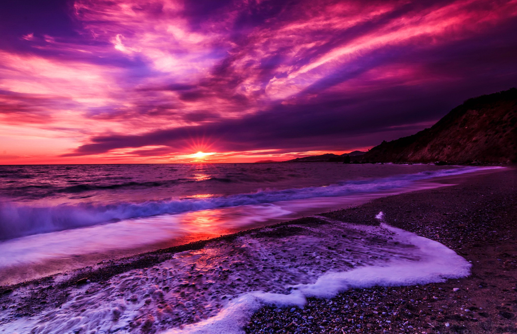 Download mobile wallpaper Sunset, Sea, Beach, Horizon, Ocean, Earth, Purple for free.