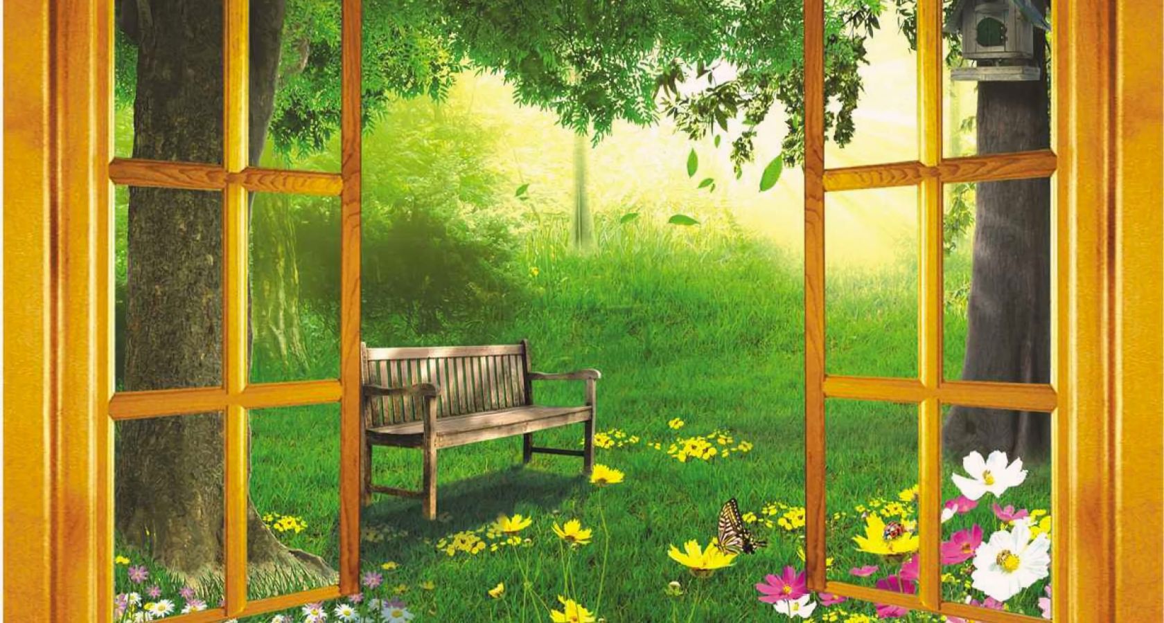 Download mobile wallpaper Flower, Tree, Window, Bench, Spring, Artistic for free.