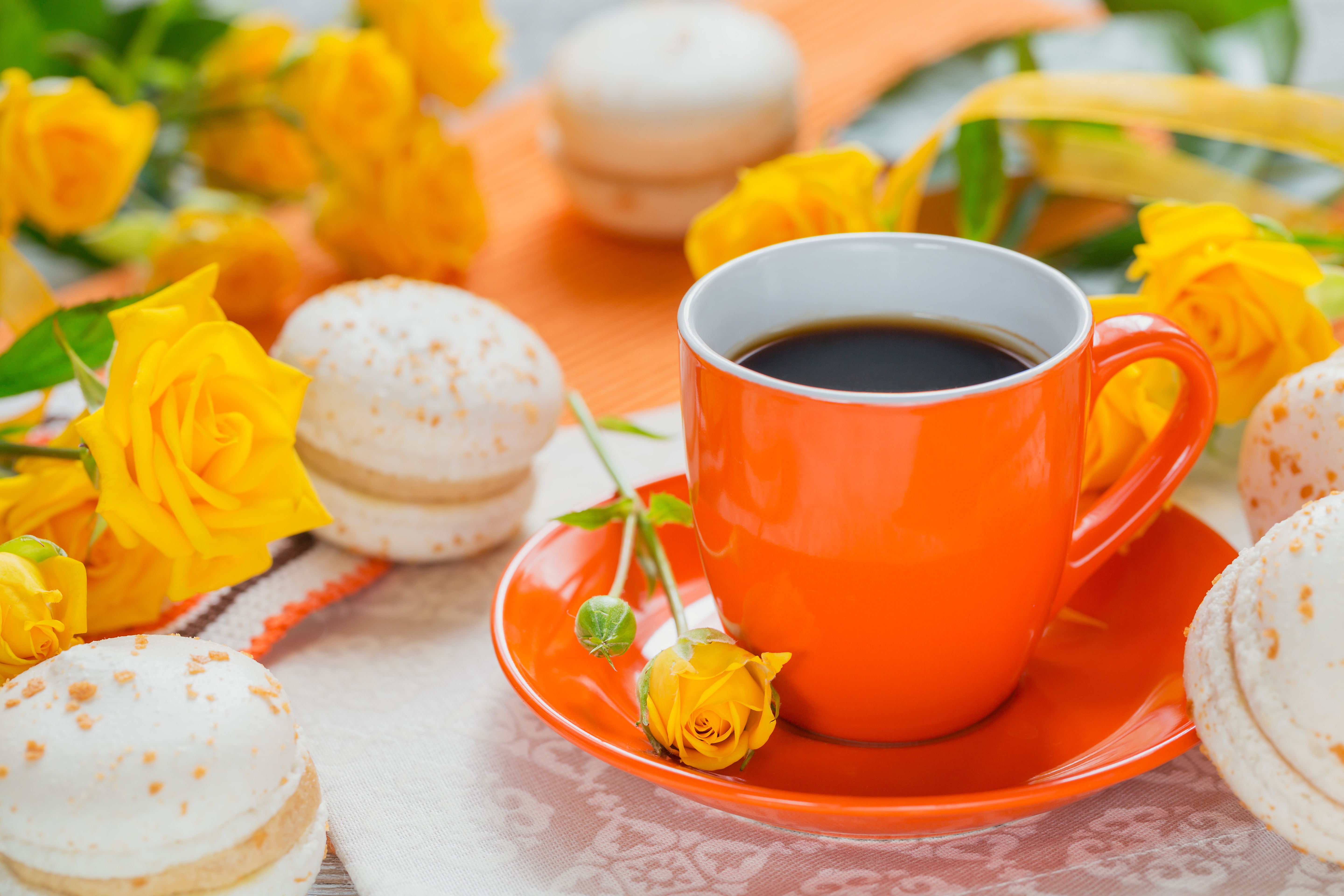 Free download wallpaper Food, Coffee, Still Life, Rose, Cup, Yellow Flower, Macaron on your PC desktop