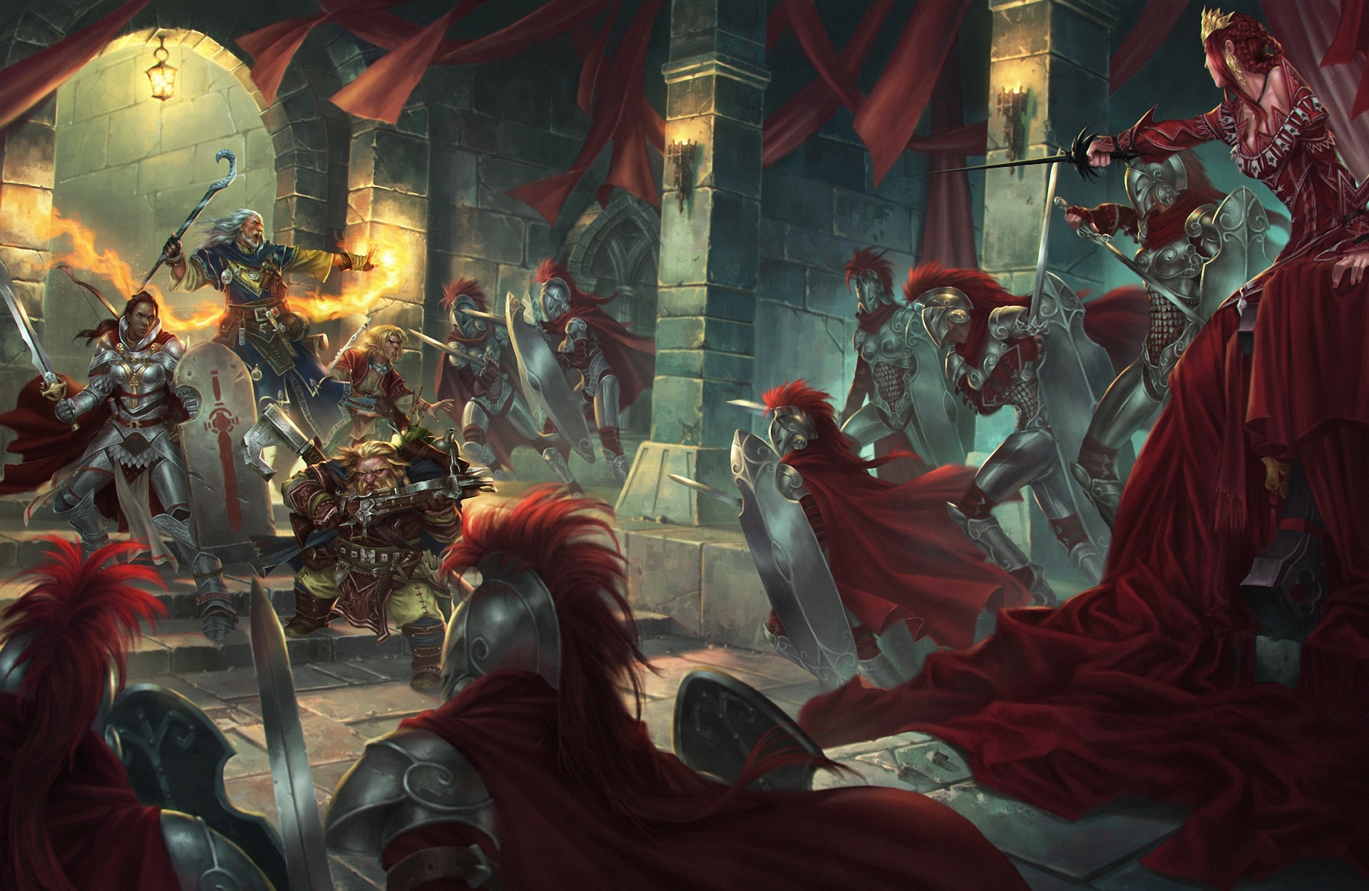 Free download wallpaper Fantasy, Knight, Battle, Sword, Dwarf, Wizard, Woman Warrior on your PC desktop