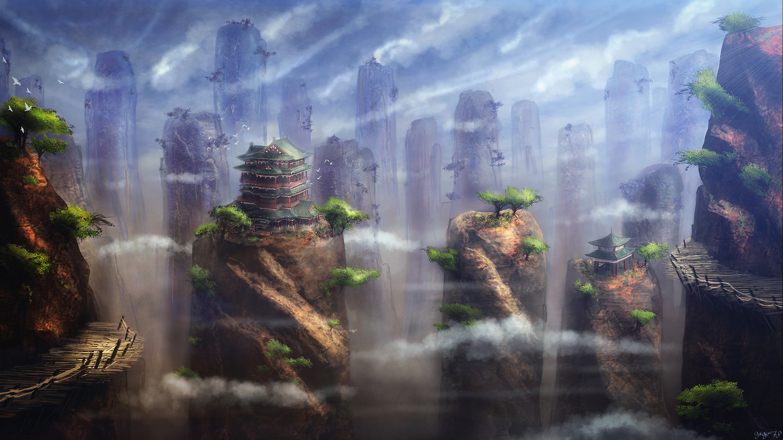 Free download wallpaper Landscape, Fantasy, Path, Cliff, Cloud, Castle on your PC desktop