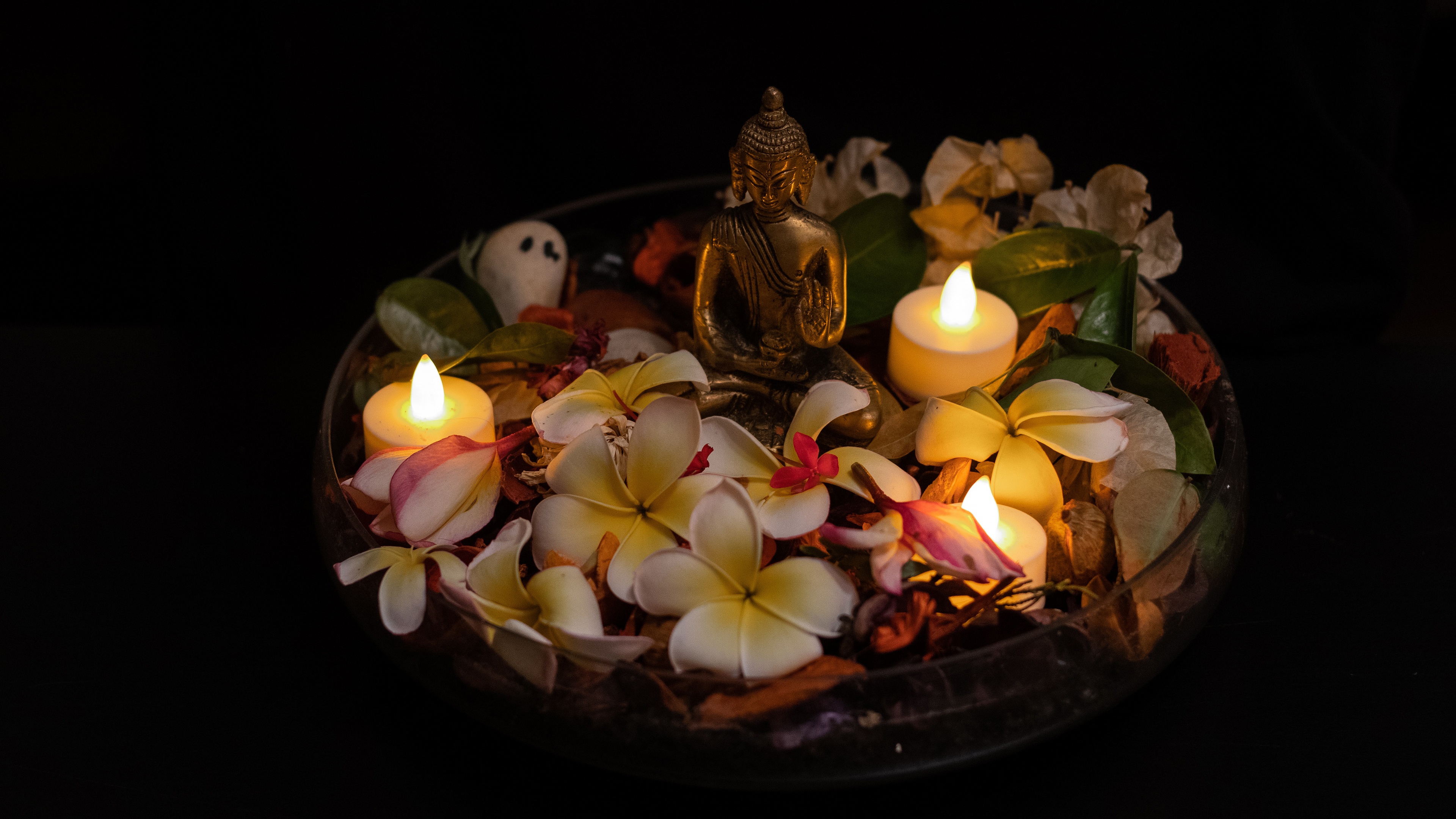 buddha, religious, candle, figurine, flame, flower, petal, relax