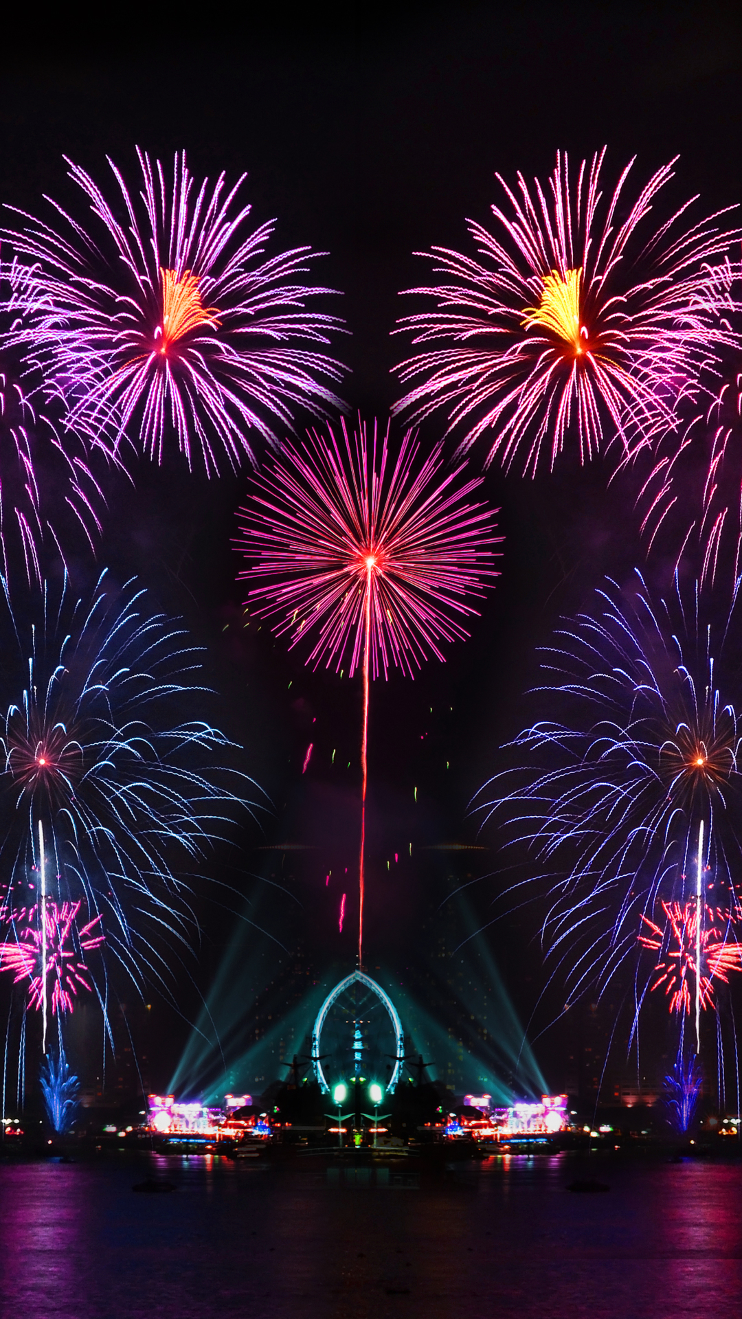 Download mobile wallpaper Night, City, Colors, Colorful, Fireworks, Photography for free.