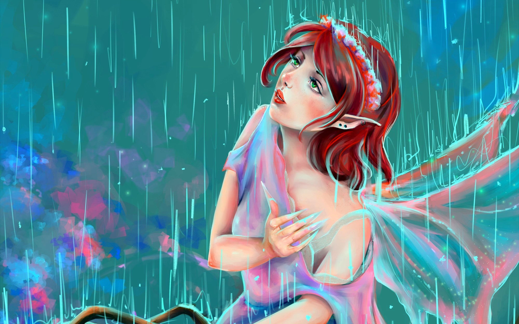 Download mobile wallpaper Fantasy, Rain, Wings, Angel, Green Eyes, Pointed Ears, Red Hair for free.