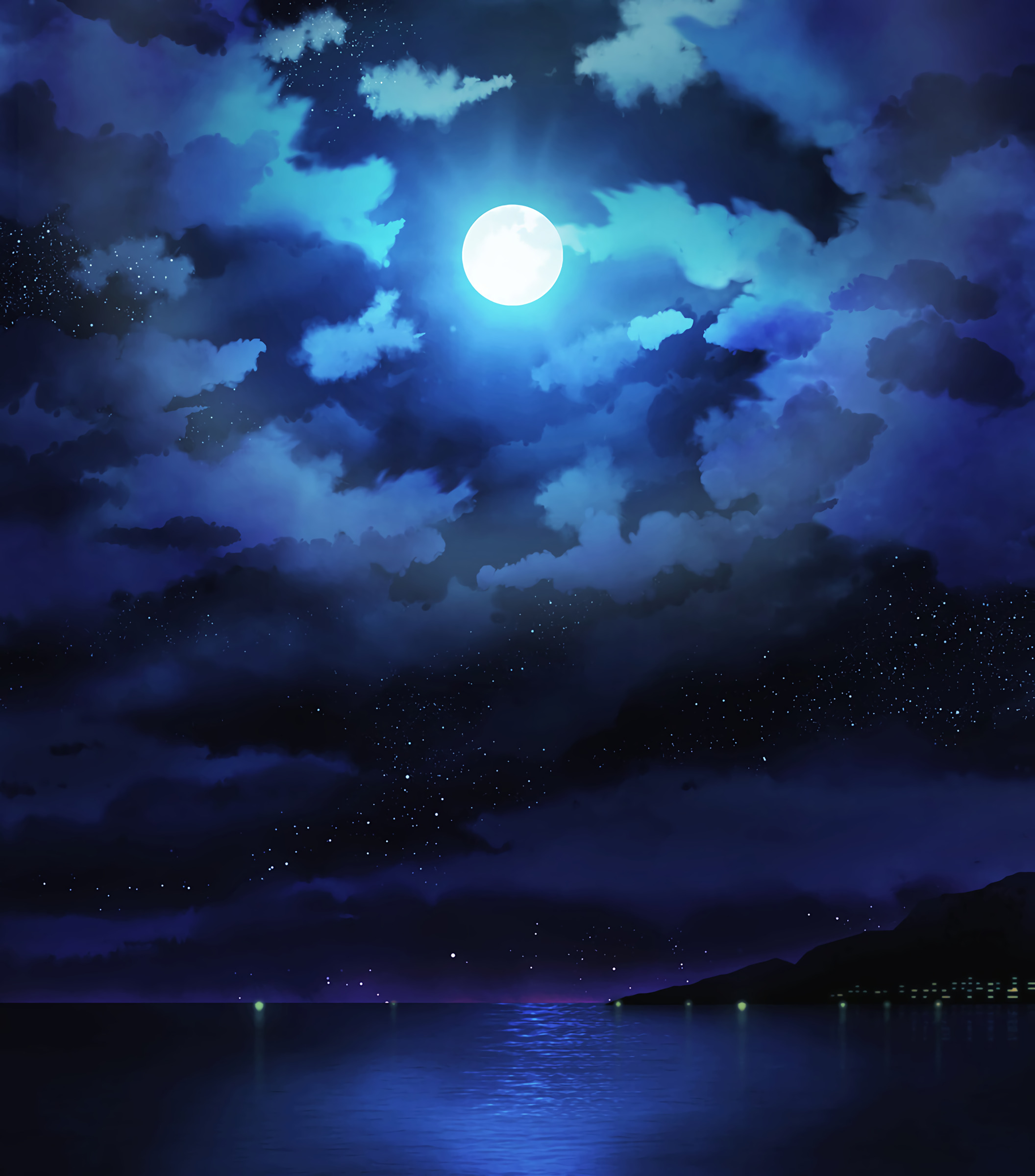 Скачать обои бесплатно Облака, Горизонт, Звезды, Ночь, Луна, Море, Арт картинка на рабочий стол ПК