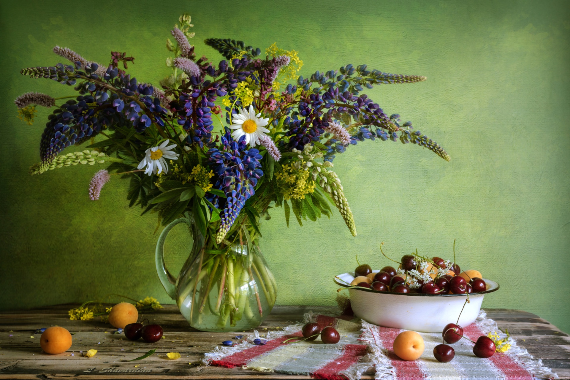 Download mobile wallpaper Cherry, Still Life, Flower, Bouquet, Fruit, Photography, Lupine, Apricot for free.