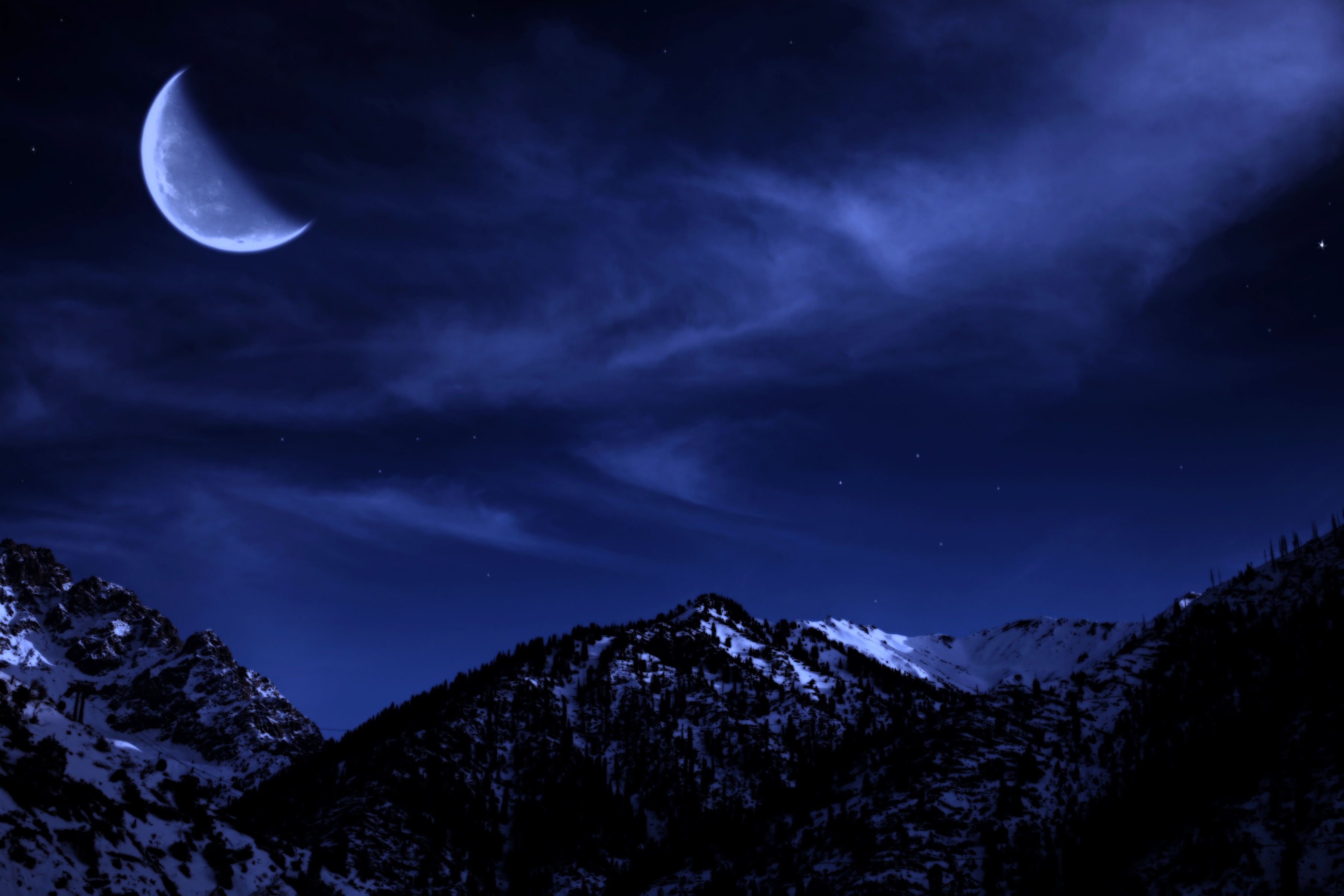Скачать обои бесплатно Зима, Небо, Ночь, Луна, Снег, Гора, Лес, Синий, Земля/природа картинка на рабочий стол ПК