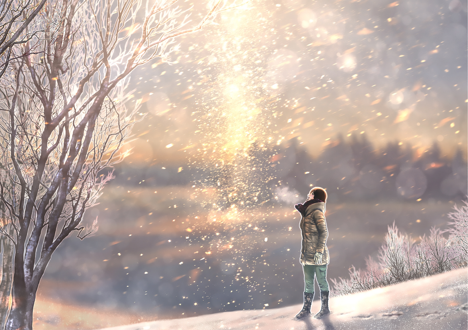 Download mobile wallpaper Anime, Winter, Tree, Sunlight, Cold, Original for free.