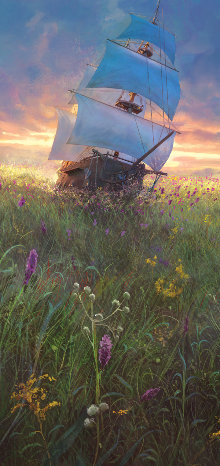 Download mobile wallpaper Fantasy, Grass, Ship for free.