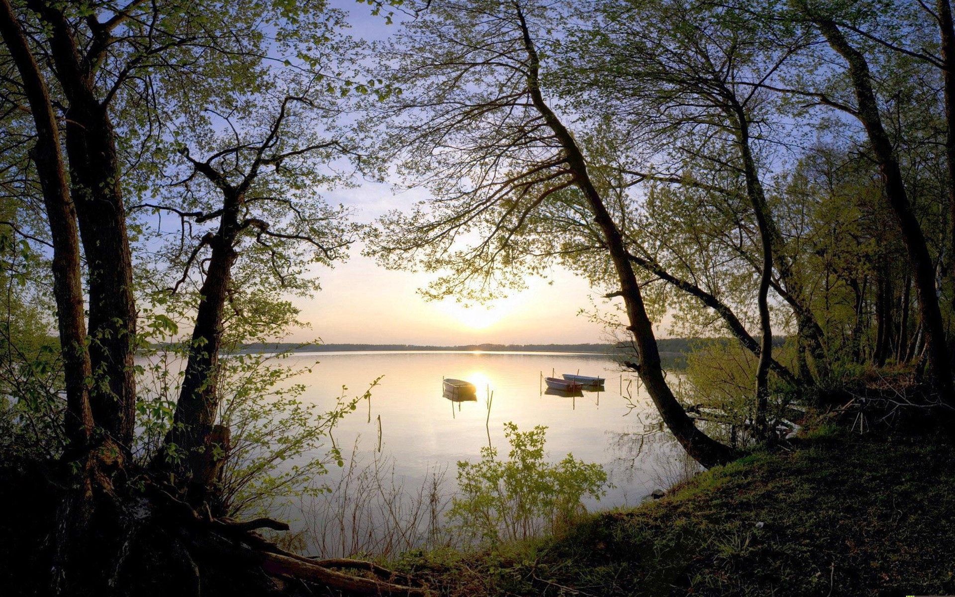 romance, nature, sunset, boats, lake, shore, bank, evening, calmness, tranquillity