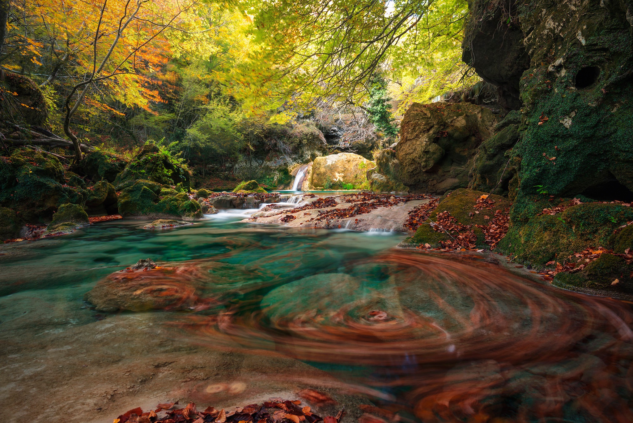 Скачать картинку Река, Осень, Лес, Испания, Земля/природа в телефон бесплатно.