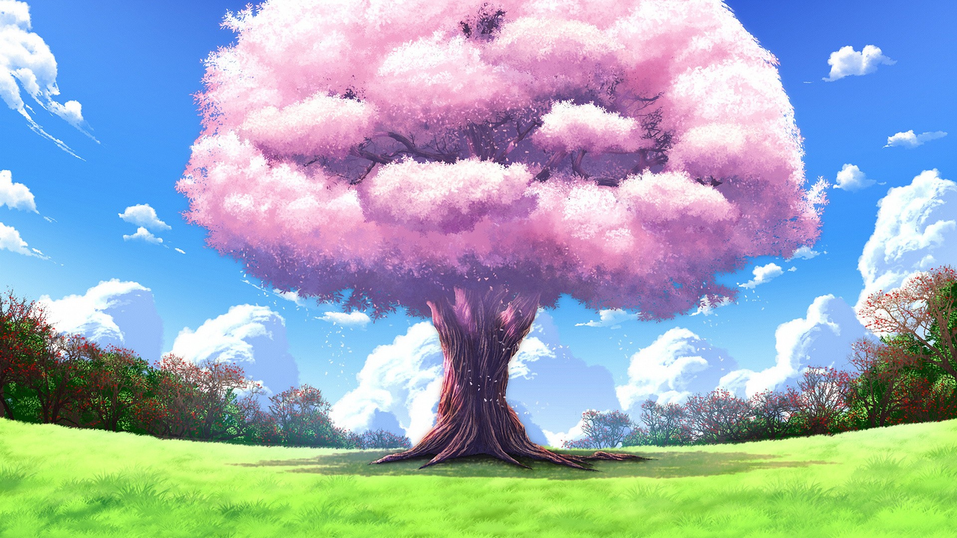 Скачать обои бесплатно Аниме, Небо, Облака, Дерево, Ландшафт картинка на рабочий стол ПК