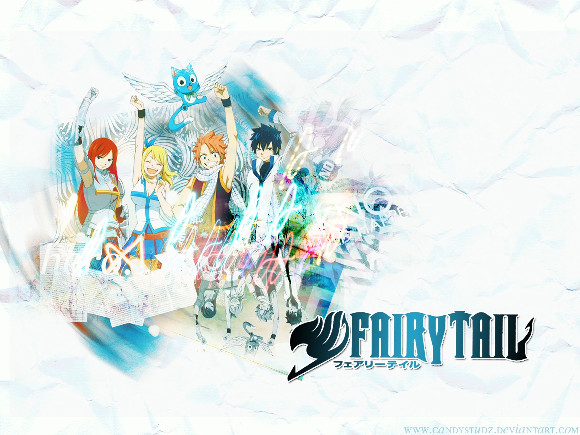 Laden Sie das Animes, Fairy Tail, Lucy Heartfilia, Natsu Dragneel, Erza Scarlet, Grauer Fullbuster, Glücklich (Fairy Tail)-Bild kostenlos auf Ihren PC-Desktop herunter