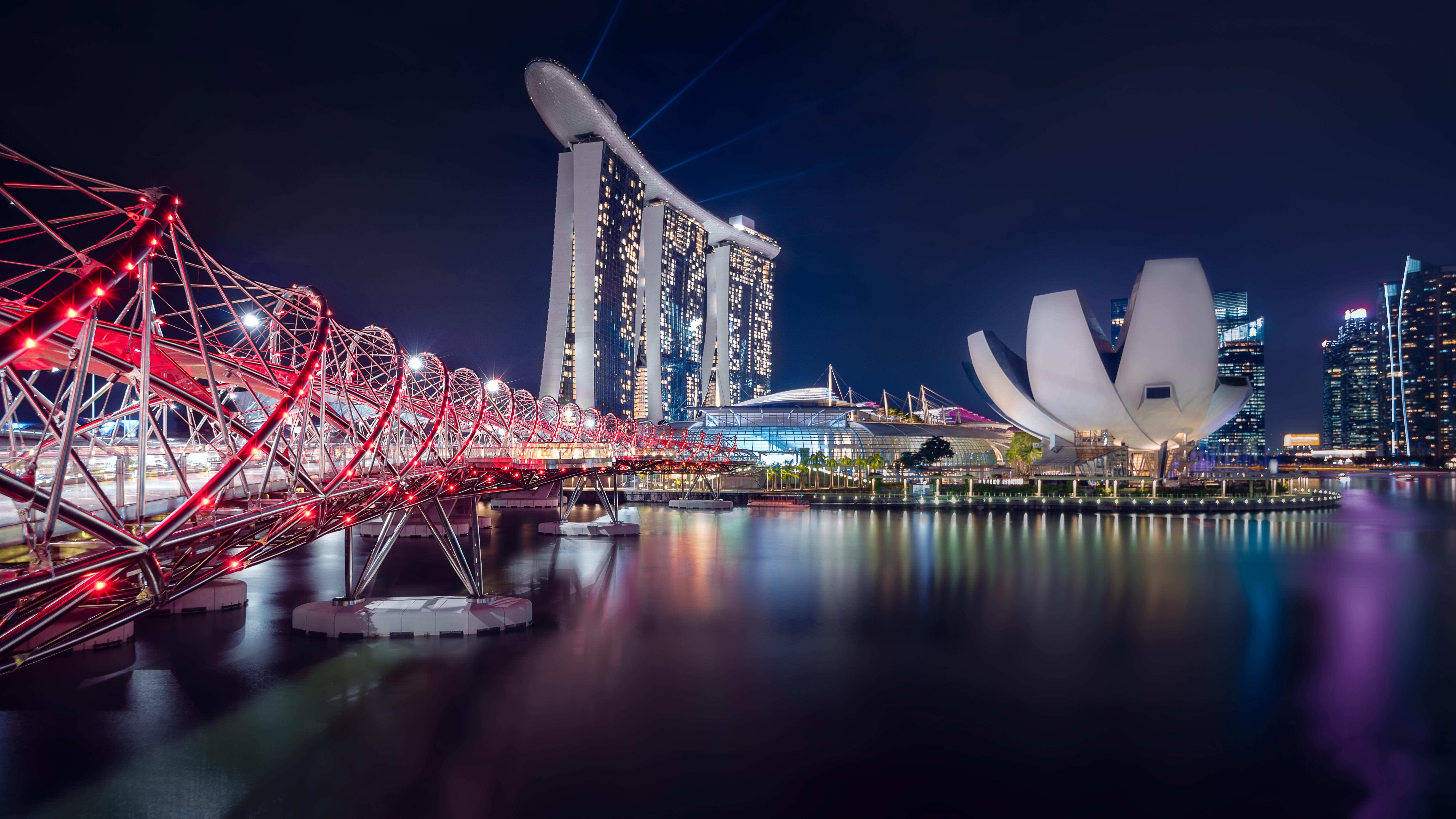 helix bridge, singapore, man made, marina bay sands, building, night