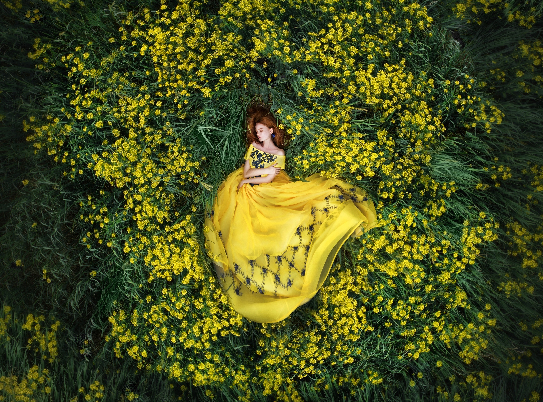Download mobile wallpaper Flower, Redhead, Mood, Women, Yellow Flower, Yellow Dress, Lying Down for free.