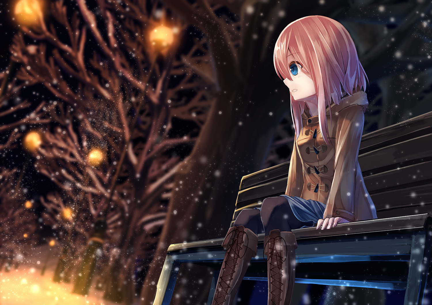 Free download wallpaper Anime, Night, Snow, Light, Tree, Original on your PC desktop