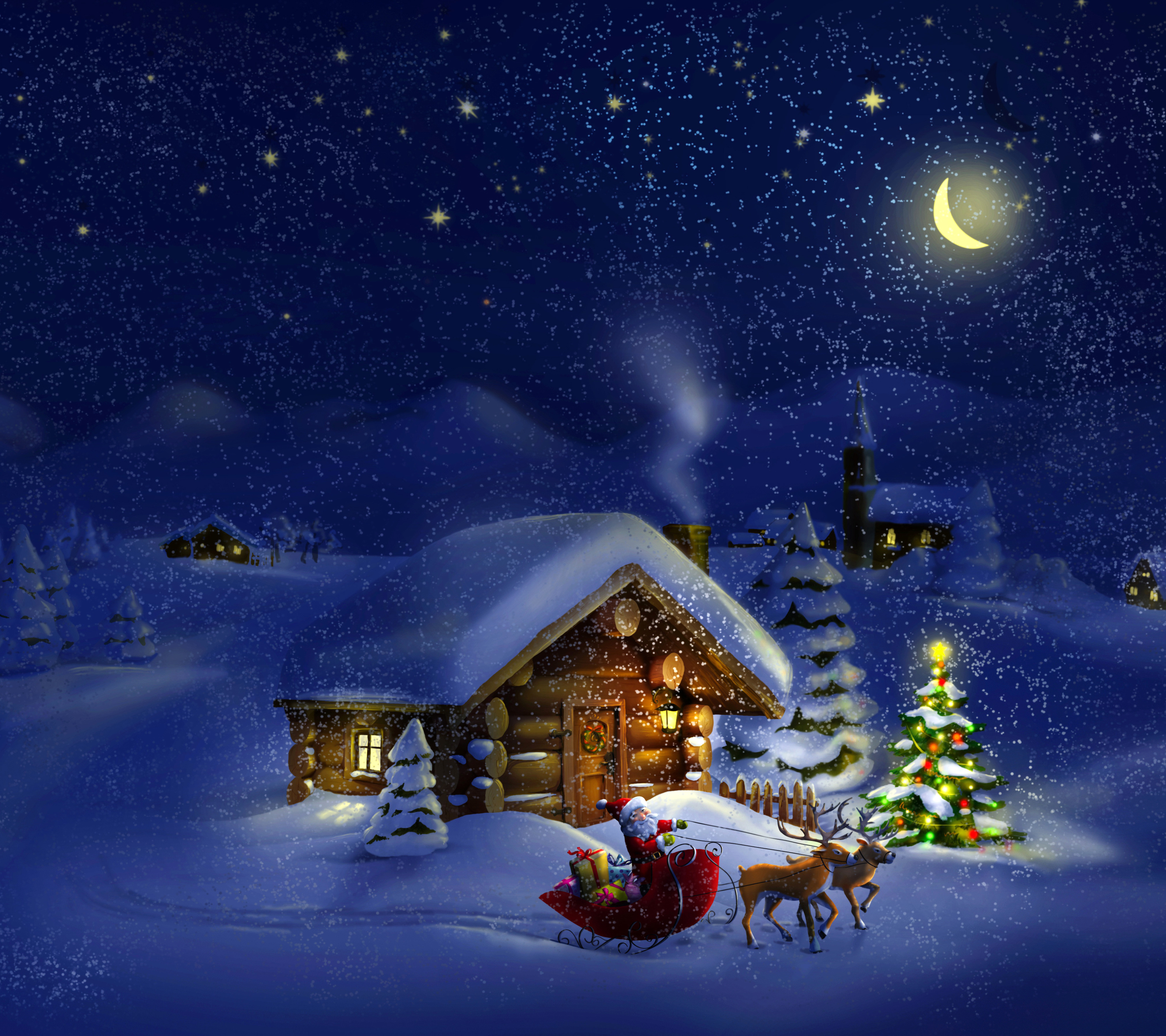 1263330 baixar papel de parede feriados, natal, cabana, cabine, árvore de natal, rena, neve, queda de neve, trenó, papai noel, noite - protetores de tela e imagens gratuitamente