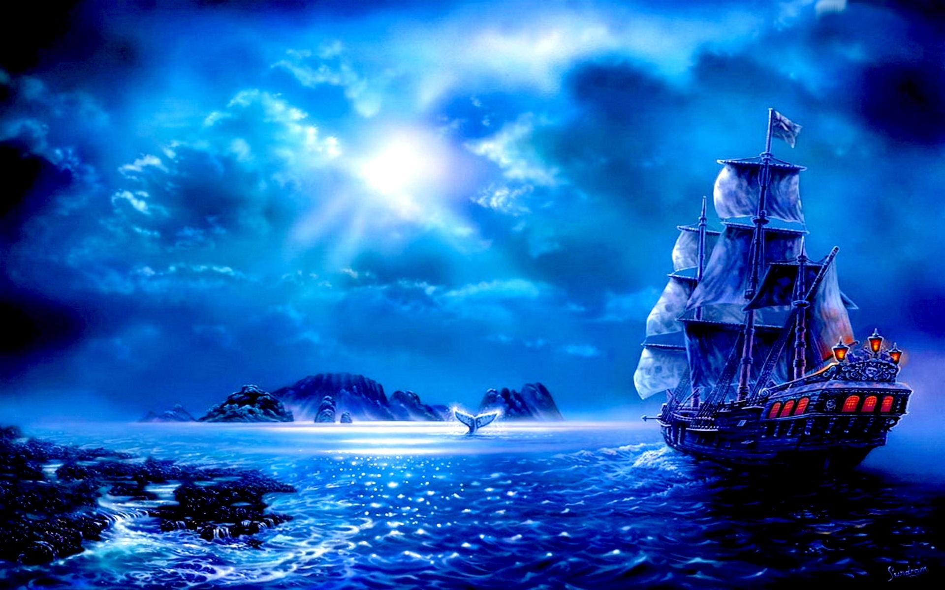 741179 descargar fondo de pantalla azul, fantasía, barco, nube, luna, océano, pirata, velero: protectores de pantalla e imágenes gratis